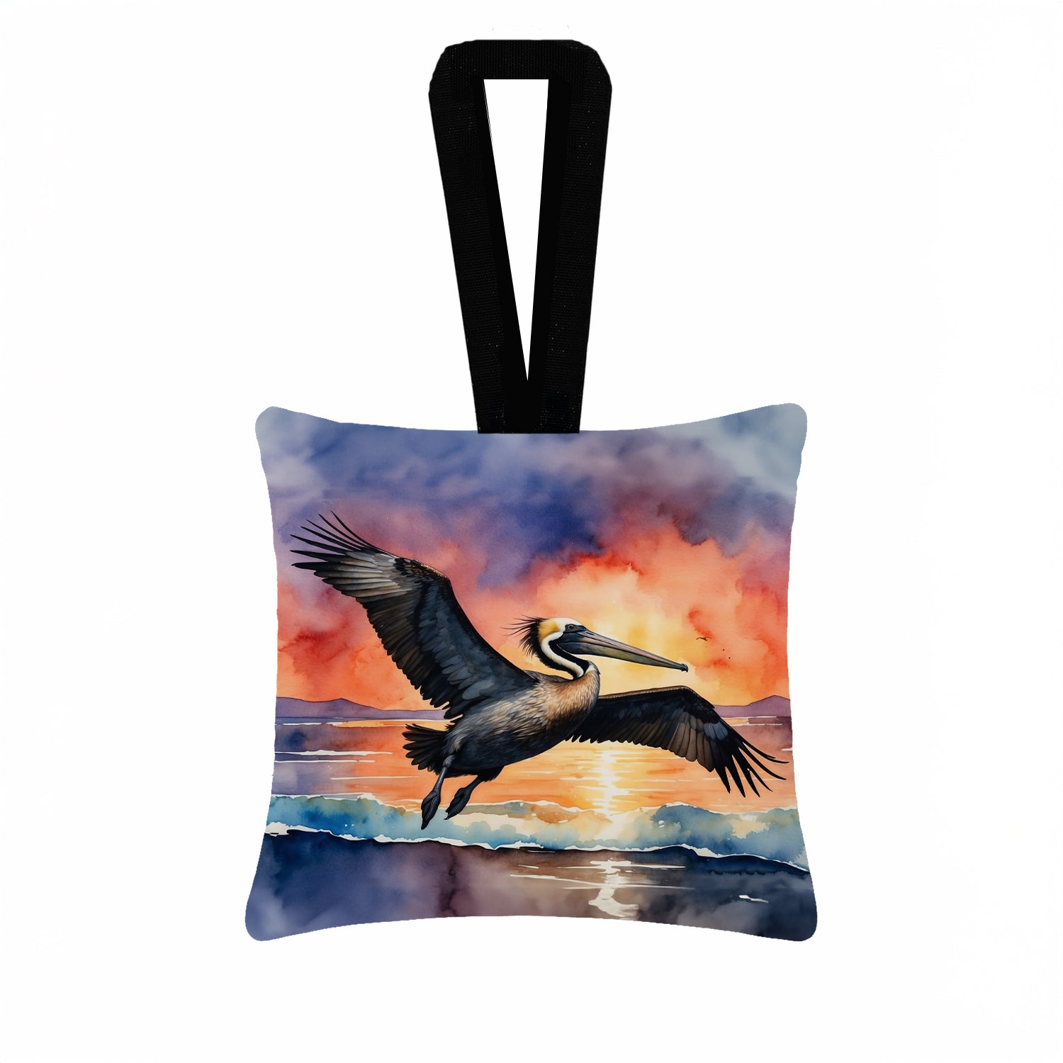 Pelican Coastal Sunset Flight Watercolor Hanging Square Fabric Ornament 3.5 × 3.5 Decorative Door-Knob & Tree Hanger, Soft Fabric