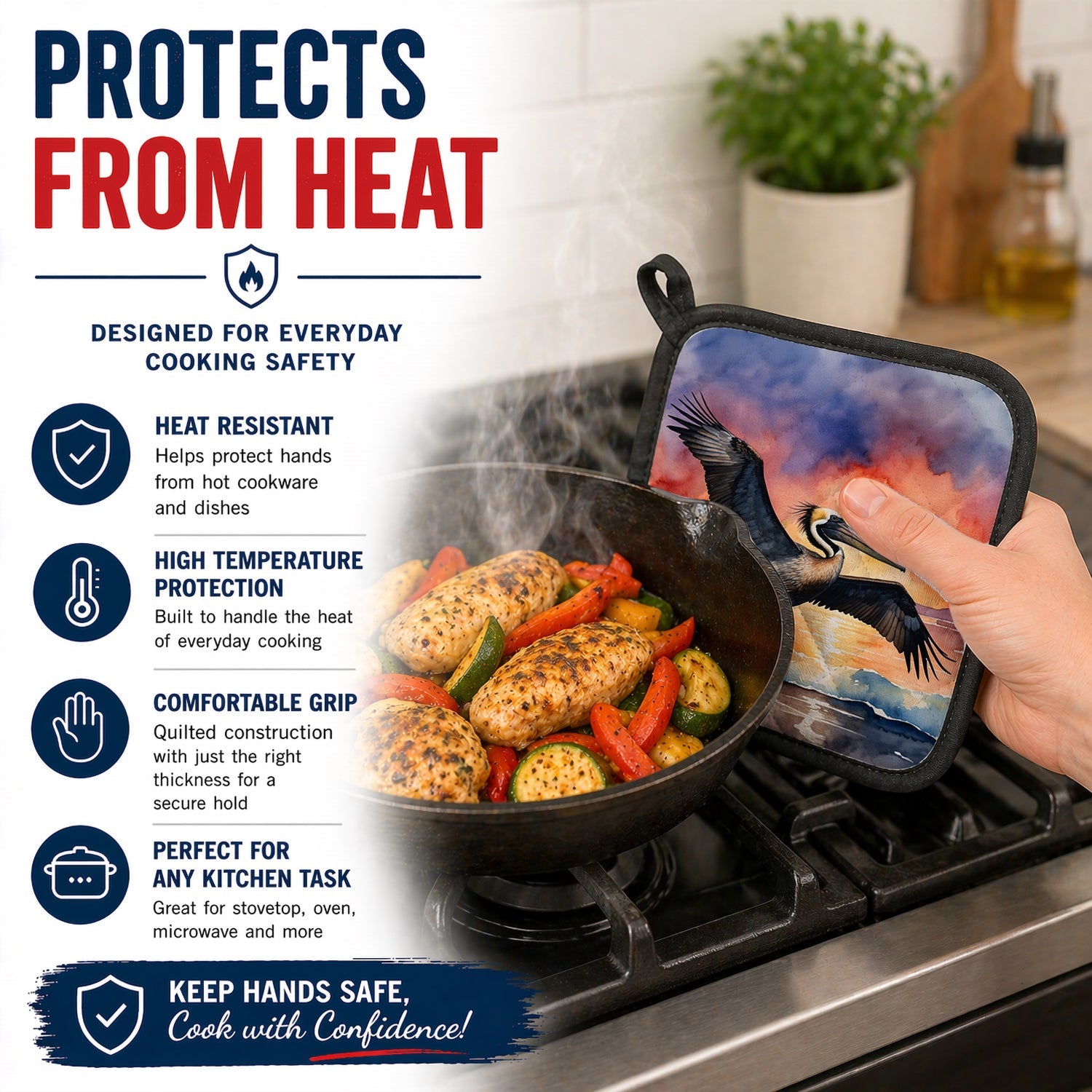 Pelican Coastal Sunset Flight Watercolor Pot Holder Set of 2 Heat Resistant Quilted Hot Pads 7.5 x 7.5 Inch, Insulated Kitchen Trivets for Cooking & Baking