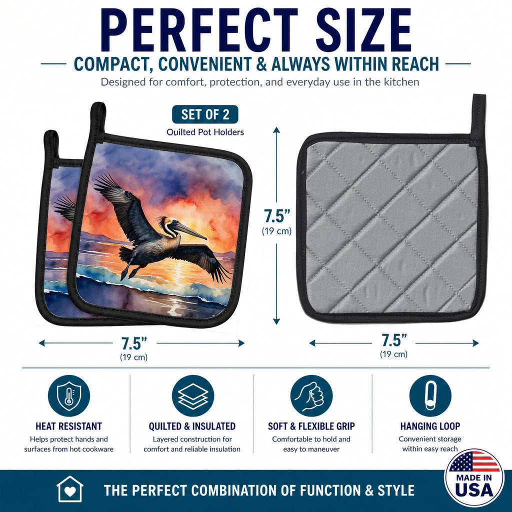 Pelican Coastal Sunset Flight Watercolor Pot Holder Set of 2 Heat Resistant Quilted Hot Pads 7.5 x 7.5 Inch, Insulated Kitchen Trivets for Cooking & Baking
