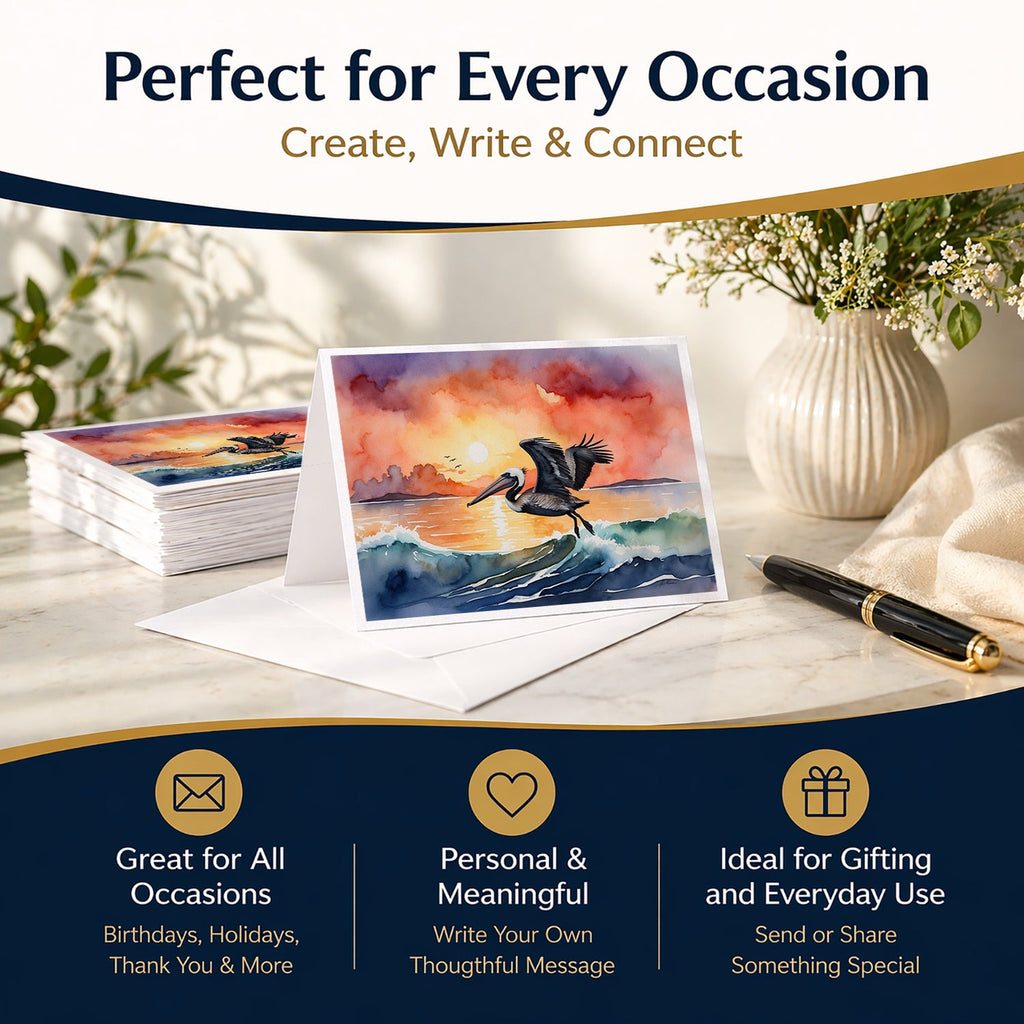 Pelican Ocean Waves Sunset Watercolor Greeting Cards Pack of 8 Blank Cards with Envelopes Whimsical A7 Size 5x7