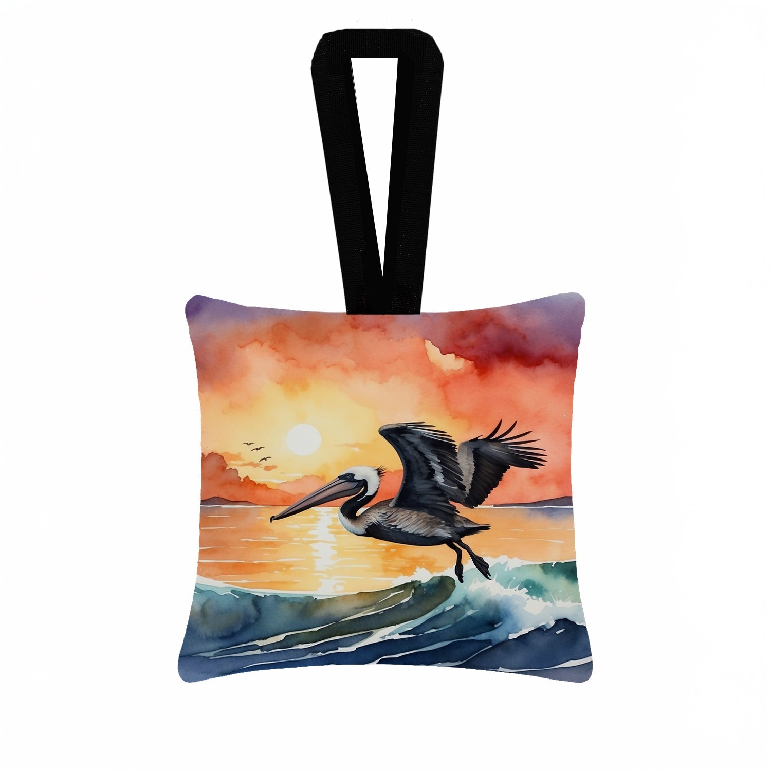 Pelican Ocean Waves Sunset Watercolor Hanging Square Fabric Ornament 3.5 × 3.5 Decorative Door-Knob & Tree Hanger, Soft Fabric