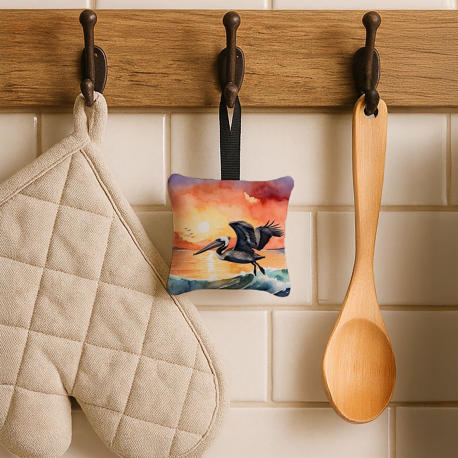 Pelican Ocean Waves Sunset Watercolor Hanging Square Fabric Ornament 3.5 × 3.5 Decorative Door-Knob & Tree Hanger, Soft Fabric
