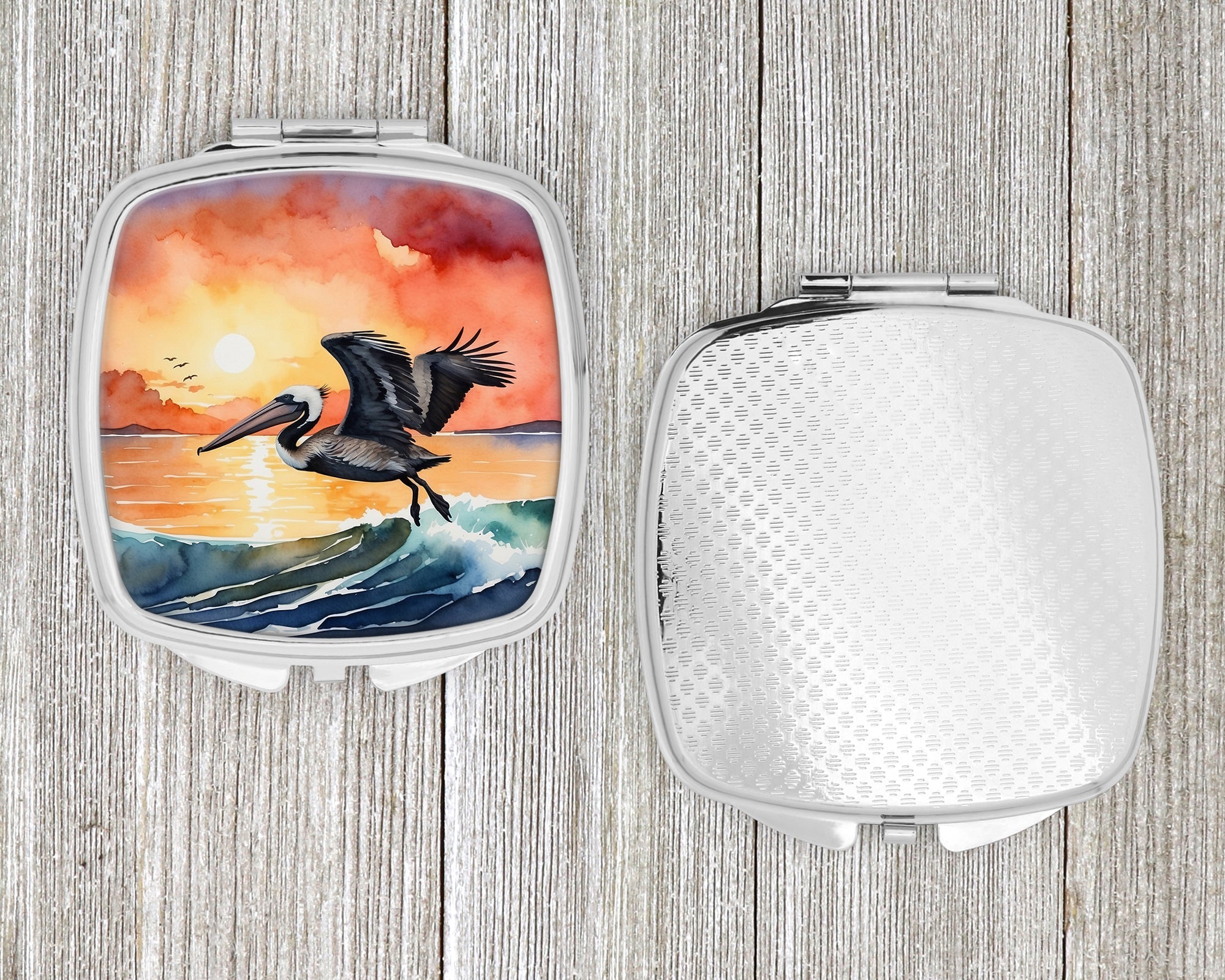 Pelican Ocean Waves Sunset Watercolor Compact Mirror Decorative Travel Makeup Mirror for Women Girls Gifts Pocket Makeup Mirror Folding Handheld