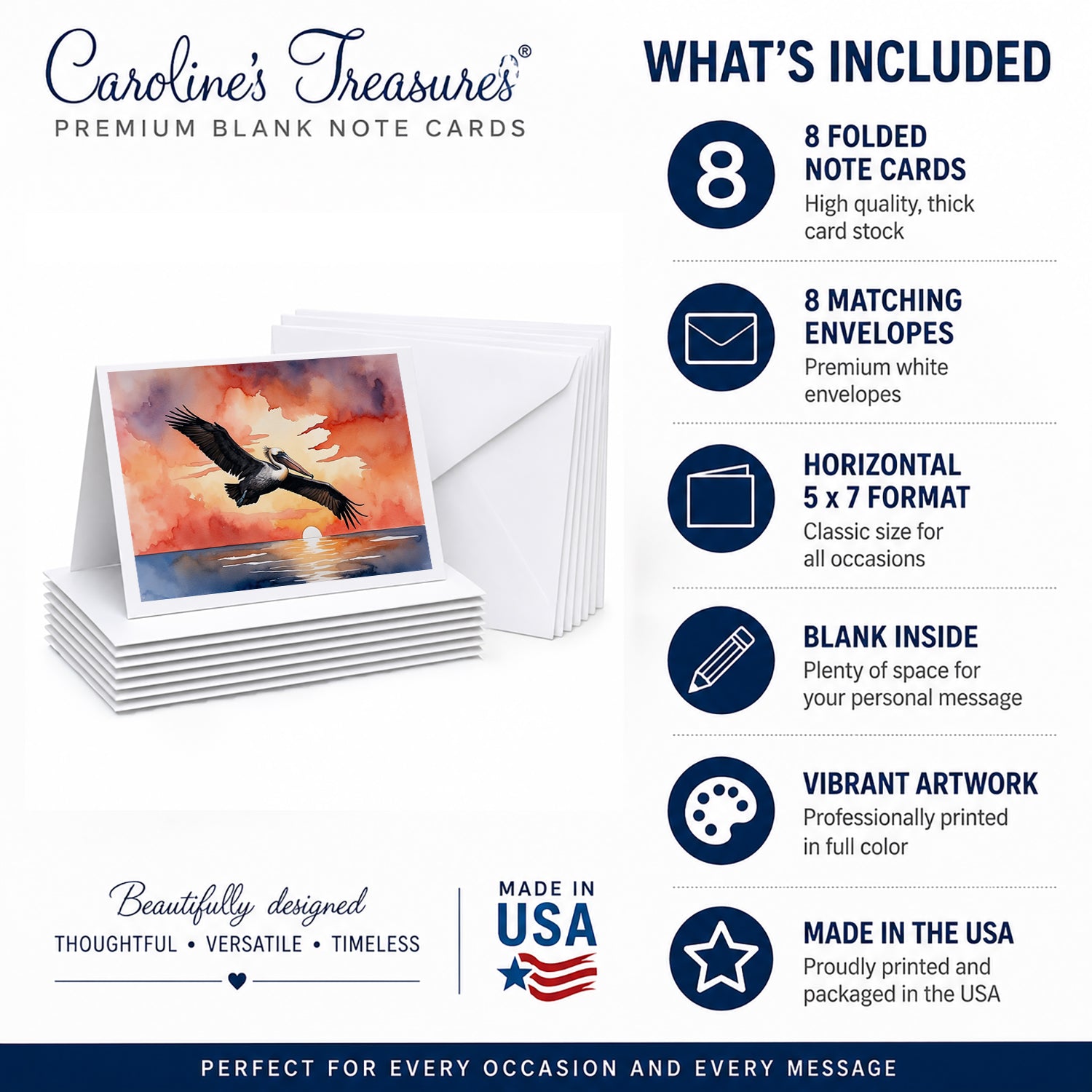 Pelican Sunset Sky Flight Watercolor Greeting Cards Pack of 8 Blank Cards with Envelopes Whimsical A7 Size 5x7