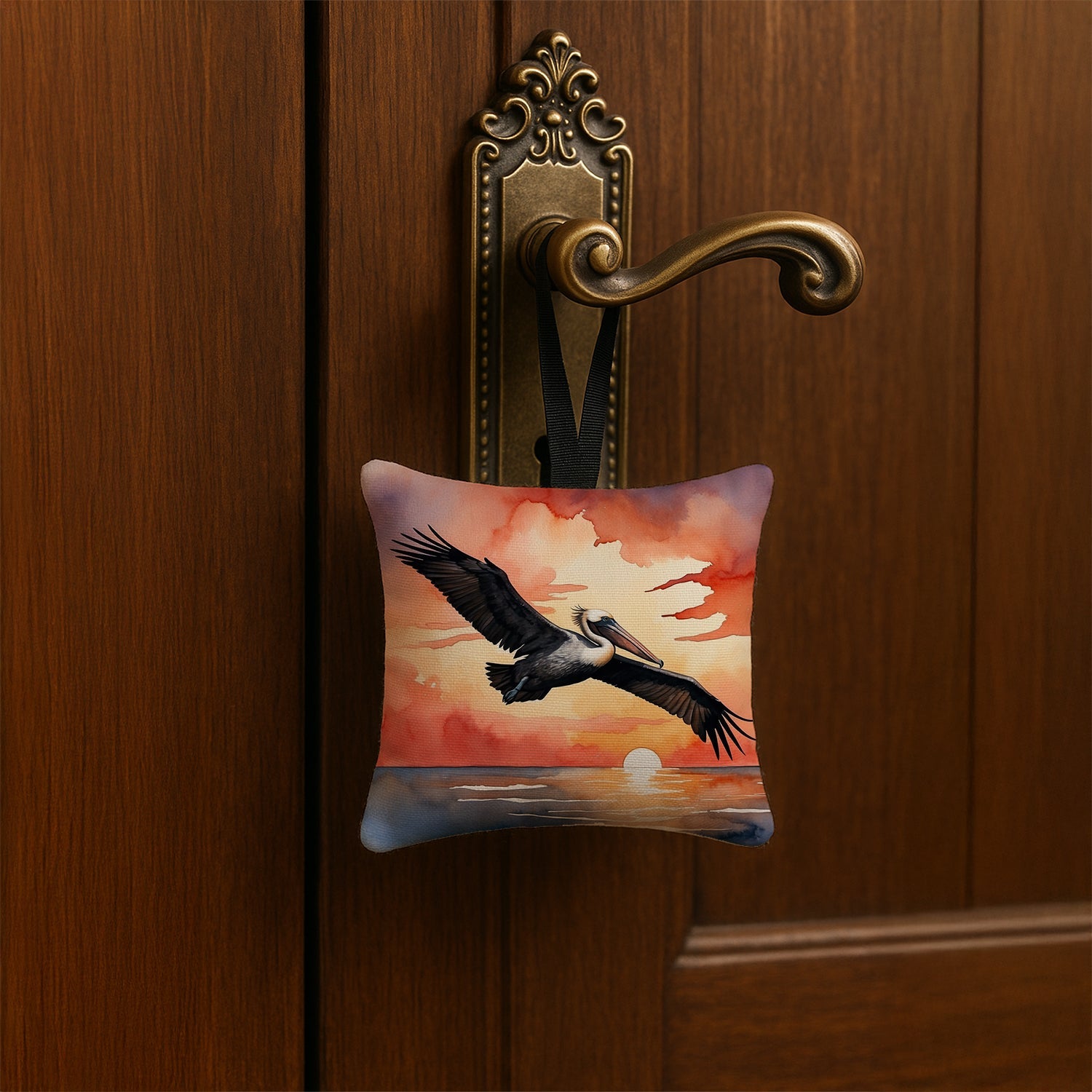 Pelican Sunset Sky Flight Watercolor Hanging Square Fabric Ornament 3.5 × 3.5 Decorative Door-Knob & Tree Hanger, Soft Fabric
