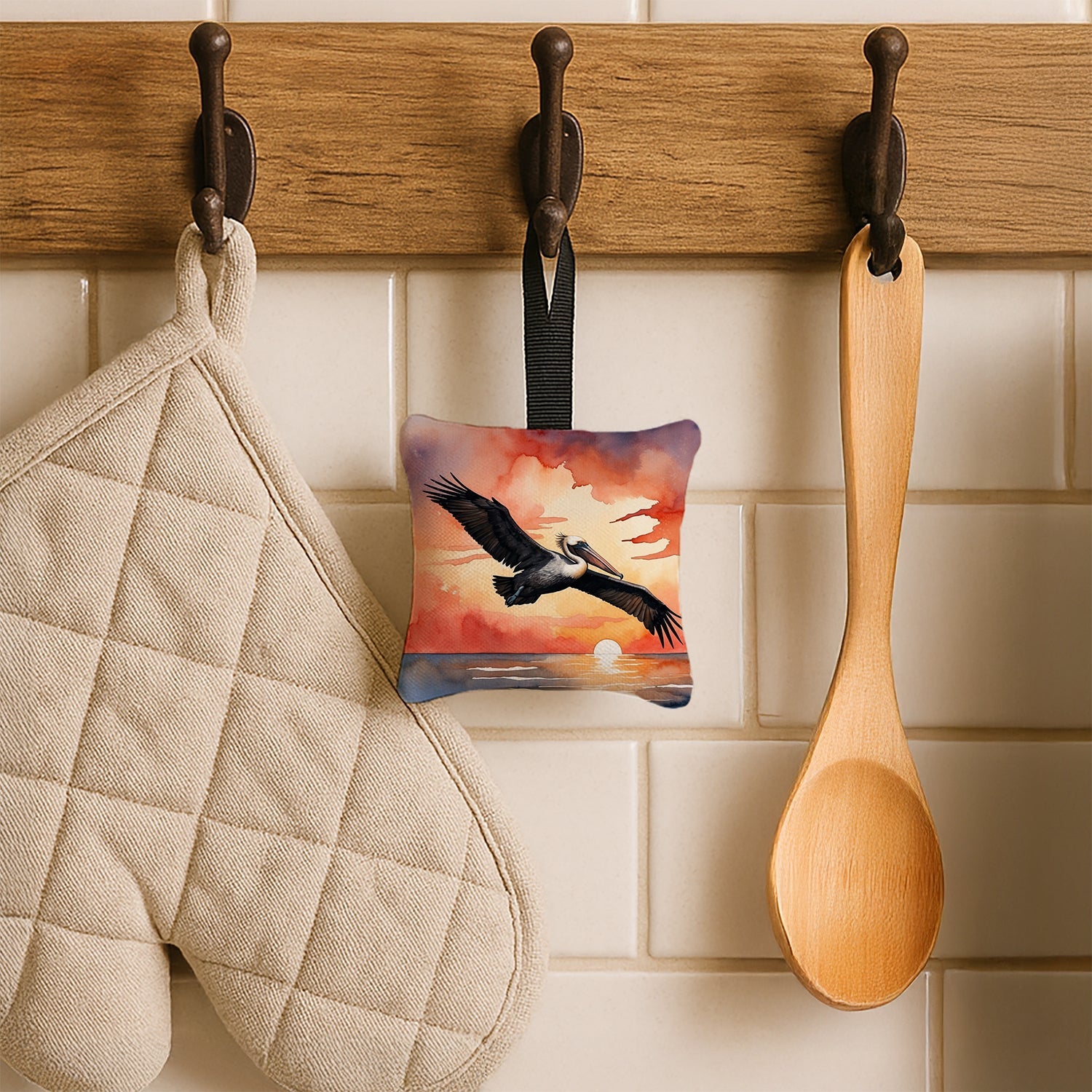 Pelican Sunset Sky Flight Watercolor Hanging Square Fabric Ornament 3.5 × 3.5 Decorative Door-Knob & Tree Hanger, Soft Fabric