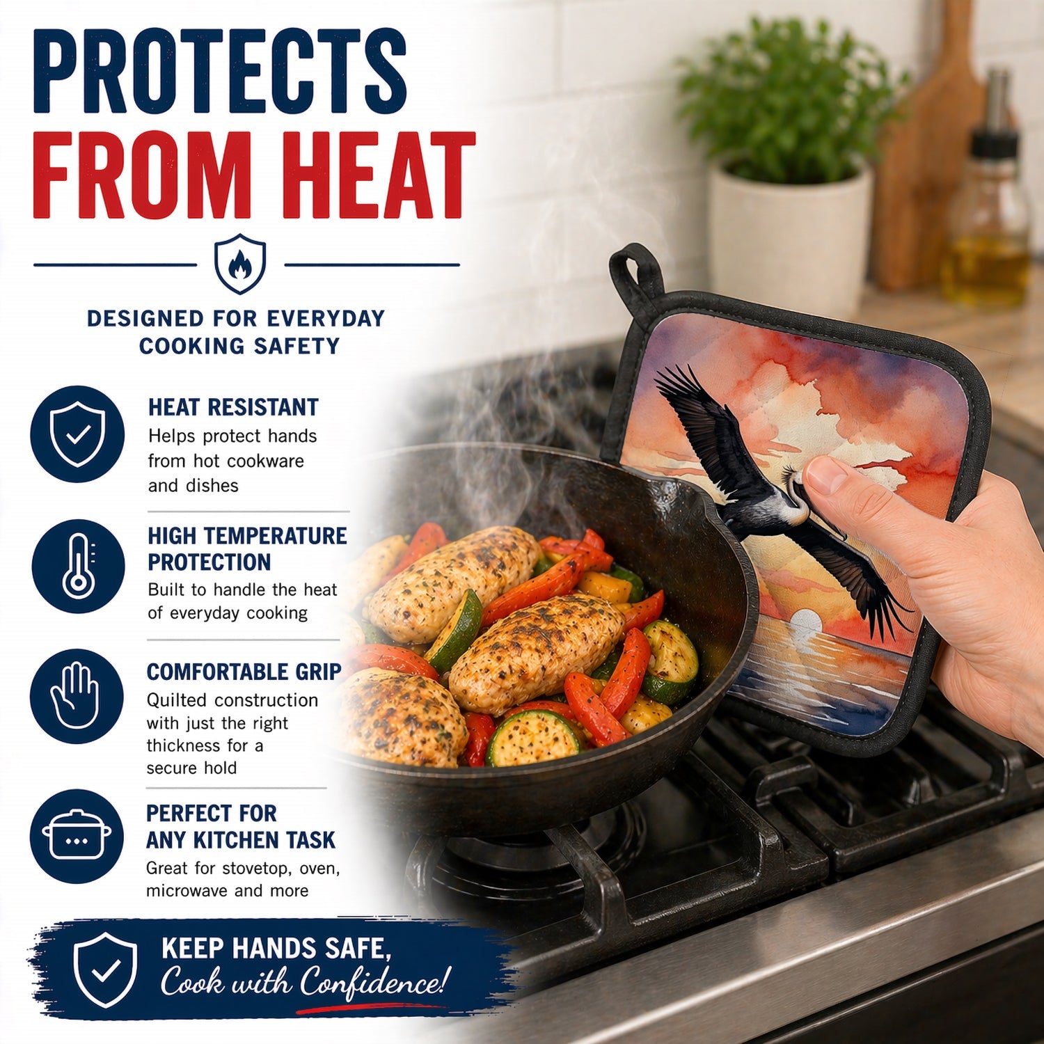 Pelican Sunset Sky Flight Watercolor Pot Holder Set of 2 Heat Resistant Quilted Hot Pads 7.5 x 7.5 Inch, Insulated Kitchen Trivets for Cooking & Baking