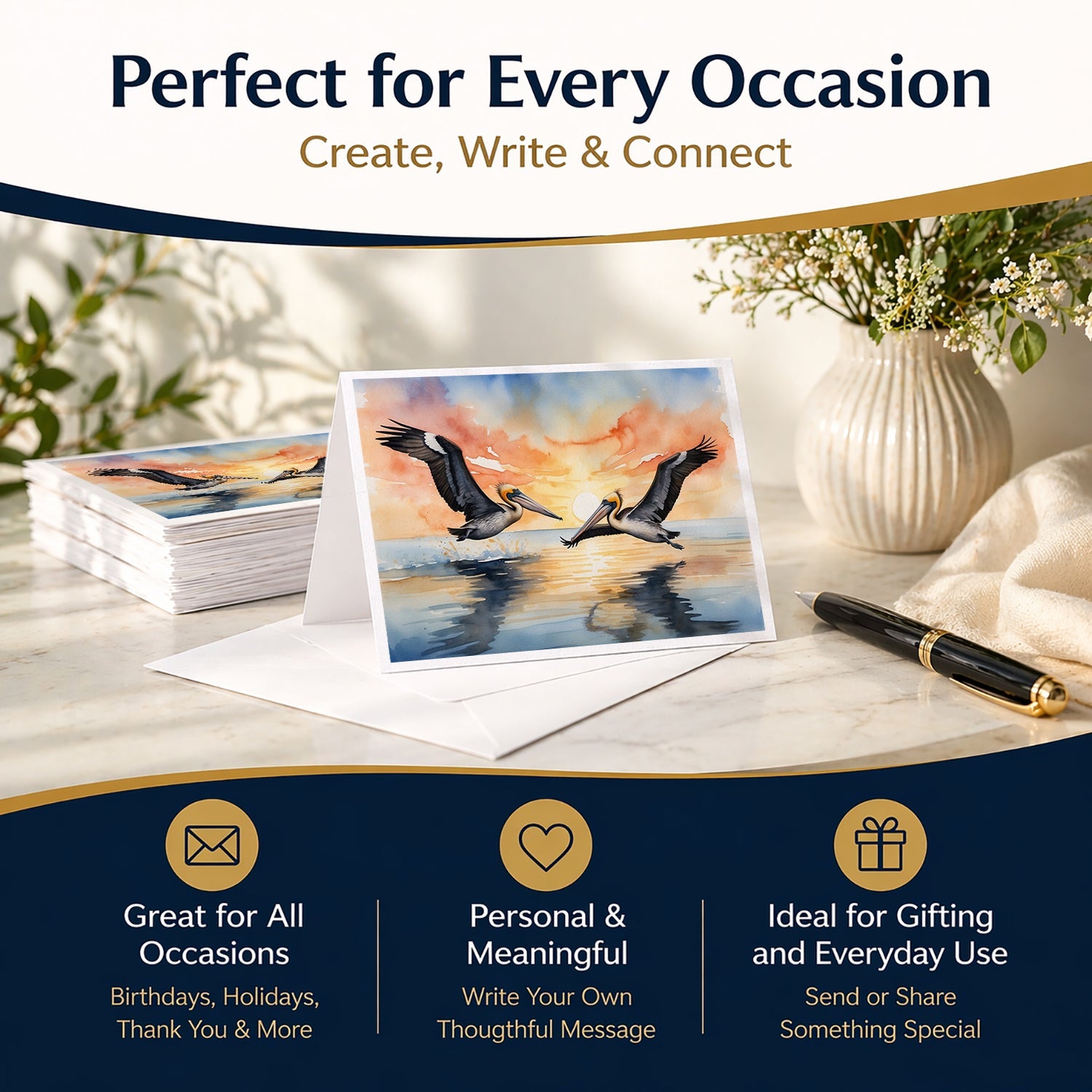 Pelicans Flying Over Water Watercolor Greeting Cards Pack of 8 Blank Cards with Envelopes Whimsical A7 Size 5x7