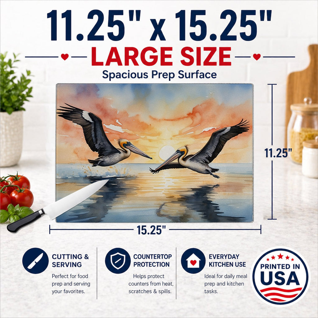Pelicans Flying Over Water Watercolor Cutting Board Tempered Glass Kitchen Cutting Surface, Heat Resistant Chopping, Non-Slip Feet, Food Prep & Serving
