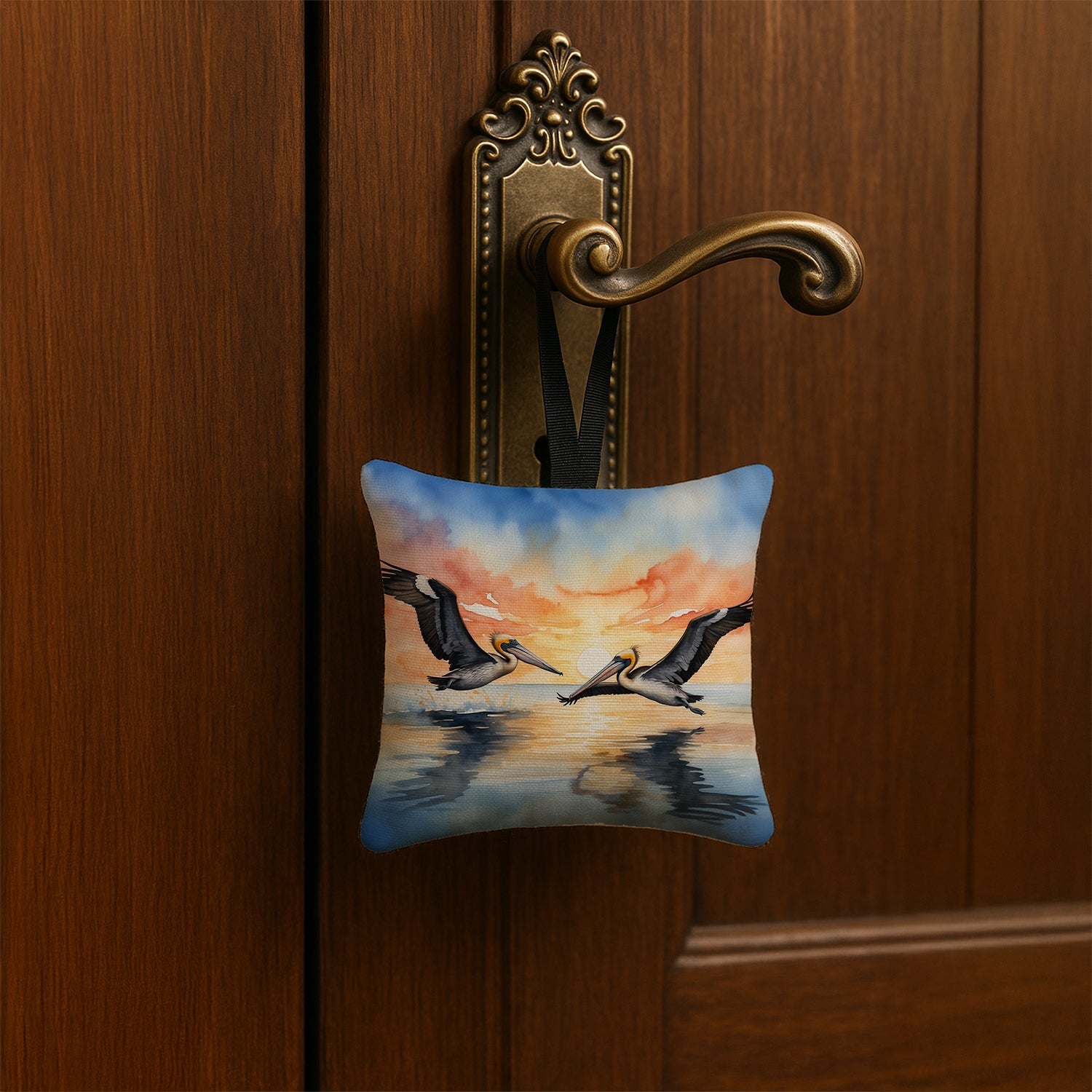 Pelicans Flying Over Water Watercolor Hanging Square Fabric Ornament 3.5 × 3.5 Decorative Door-Knob & Tree Hanger, Soft Fabric