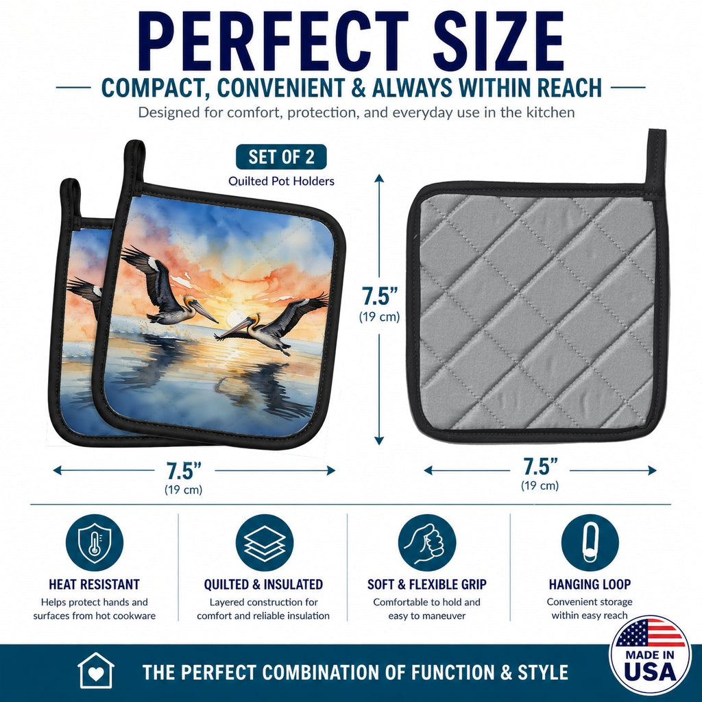 Pelicans Flying Over Water Watercolor Pot Holder Set of 2 Heat Resistant Quilted Hot Pads 7.5 x 7.5 Inch, Insulated Kitchen Trivets for Cooking & Baking