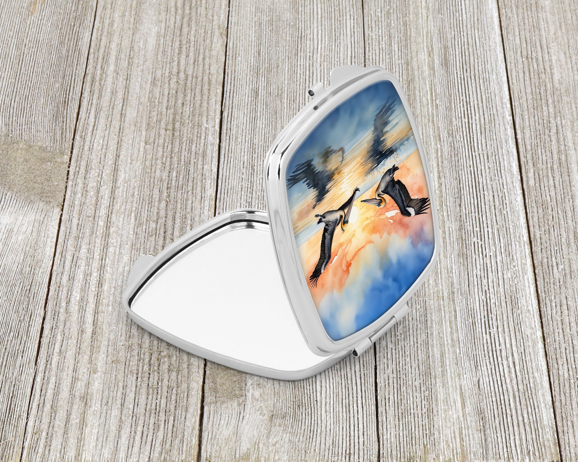 Pelicans Flying Over Water Watercolor Compact Mirror Decorative Travel Makeup Mirror for Women Girls Gifts Pocket Makeup Mirror Folding Handheld