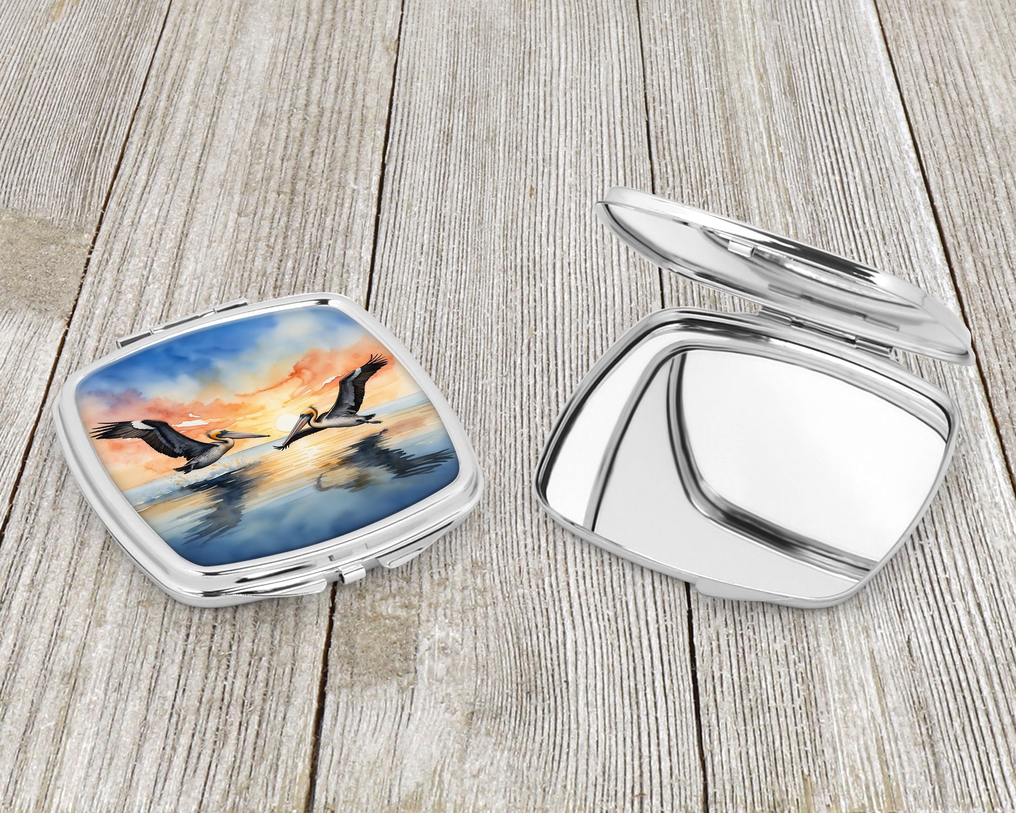 Pelicans Flying Over Water Watercolor Compact Mirror Decorative Travel Makeup Mirror for Women Girls Gifts Pocket Makeup Mirror Folding Handheld