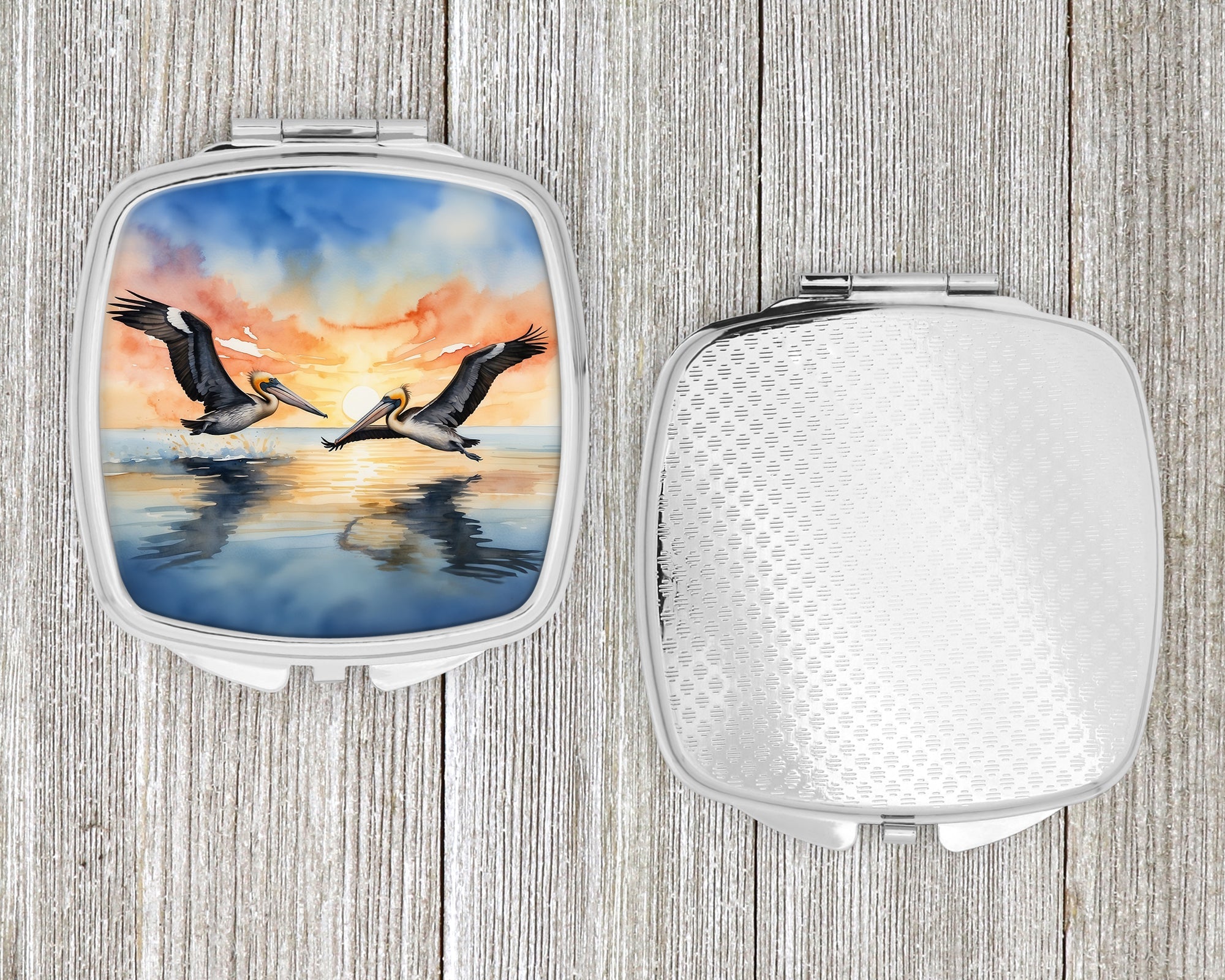 Pelicans Flying Over Water Watercolor Compact Mirror Decorative Travel Makeup Mirror for Women Girls Gifts Pocket Makeup Mirror Folding Handheld