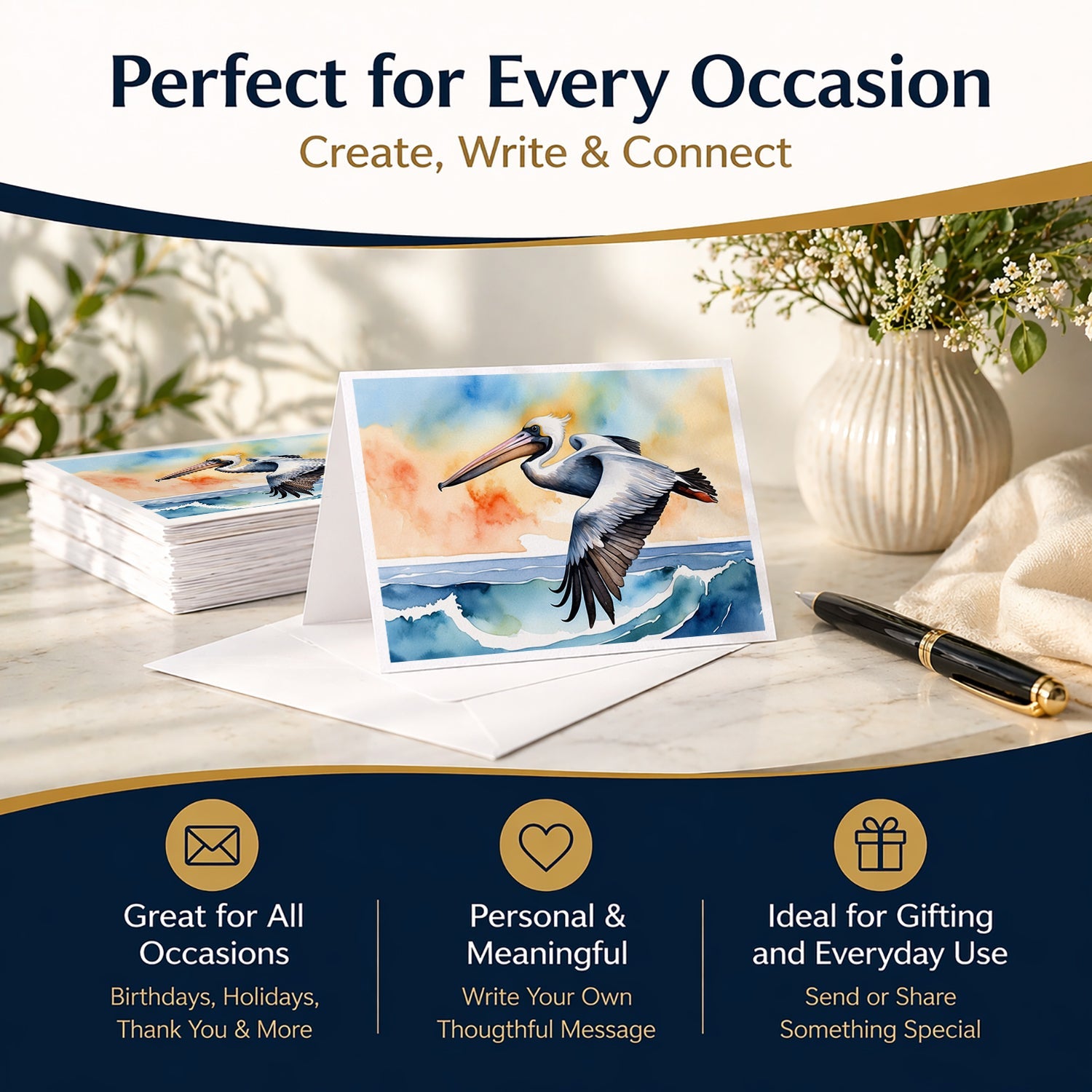 Pelican Over Ocean Wave Watercolor Greeting Cards Pack of 8 Blank Cards with Envelopes Whimsical A7 Size 5x7