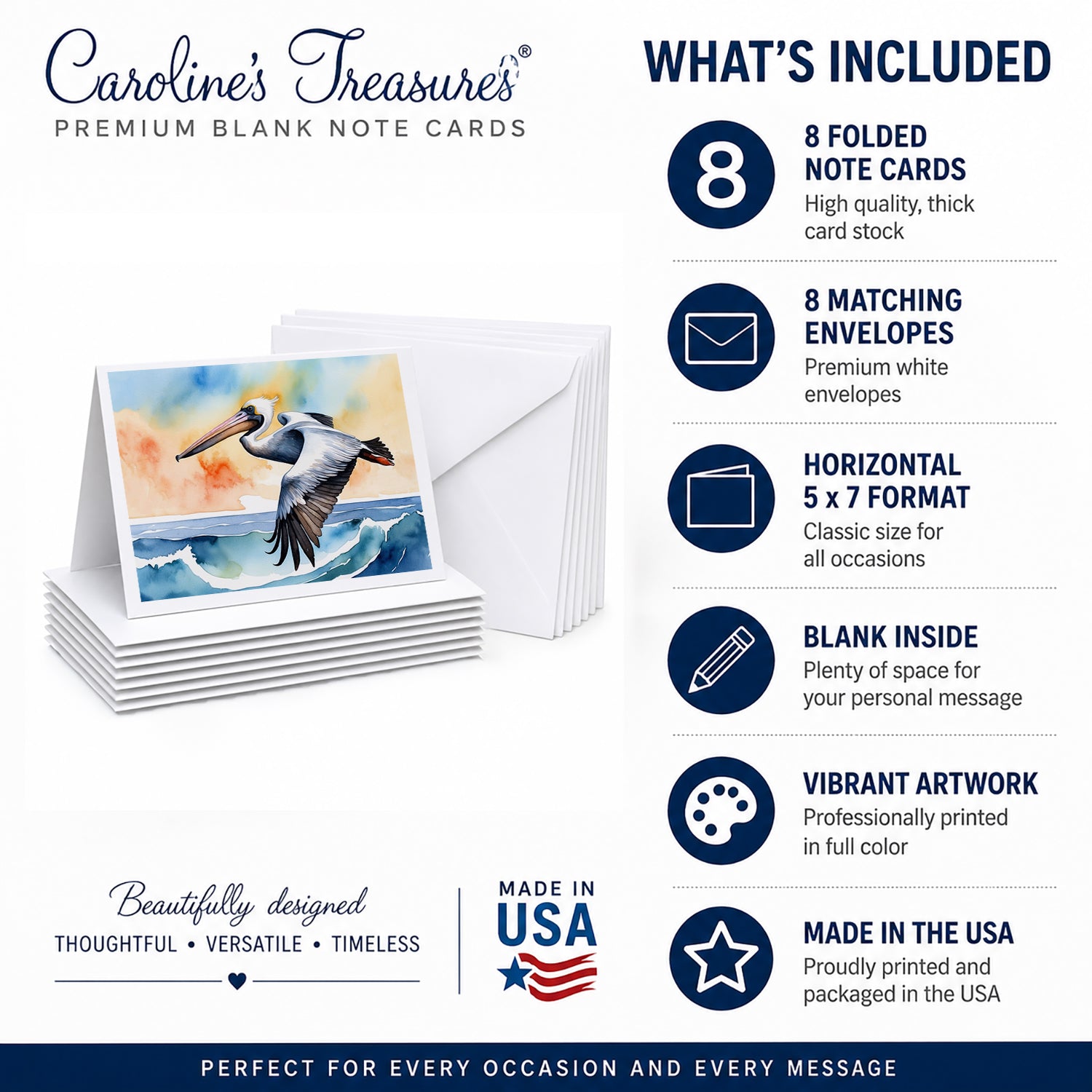 Pelican Over Ocean Wave Watercolor Greeting Cards Pack of 8 Blank Cards with Envelopes Whimsical A7 Size 5x7