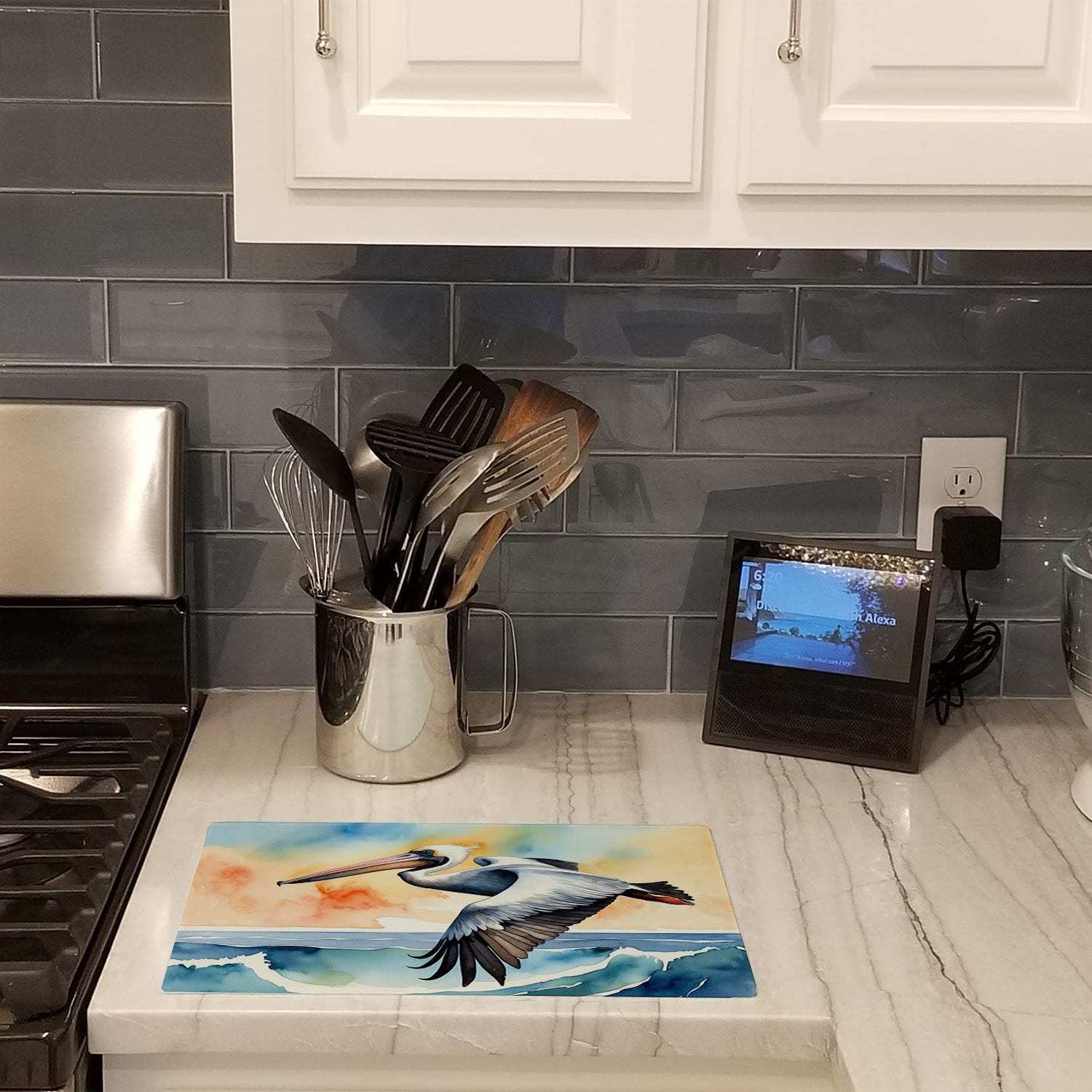 Pelican Over Ocean Wave Watercolor Cutting Board Tempered Glass Kitchen Cutting Surface, Heat Resistant Chopping, Non-Slip Feet, Food Prep & Serving