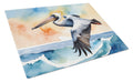 Pelican Over Ocean Wave Watercolor Cutting Board Tempered Glass Kitchen Cutting Surface, Heat Resistant Chopping, Non-Slip Feet, Food Prep & Serving