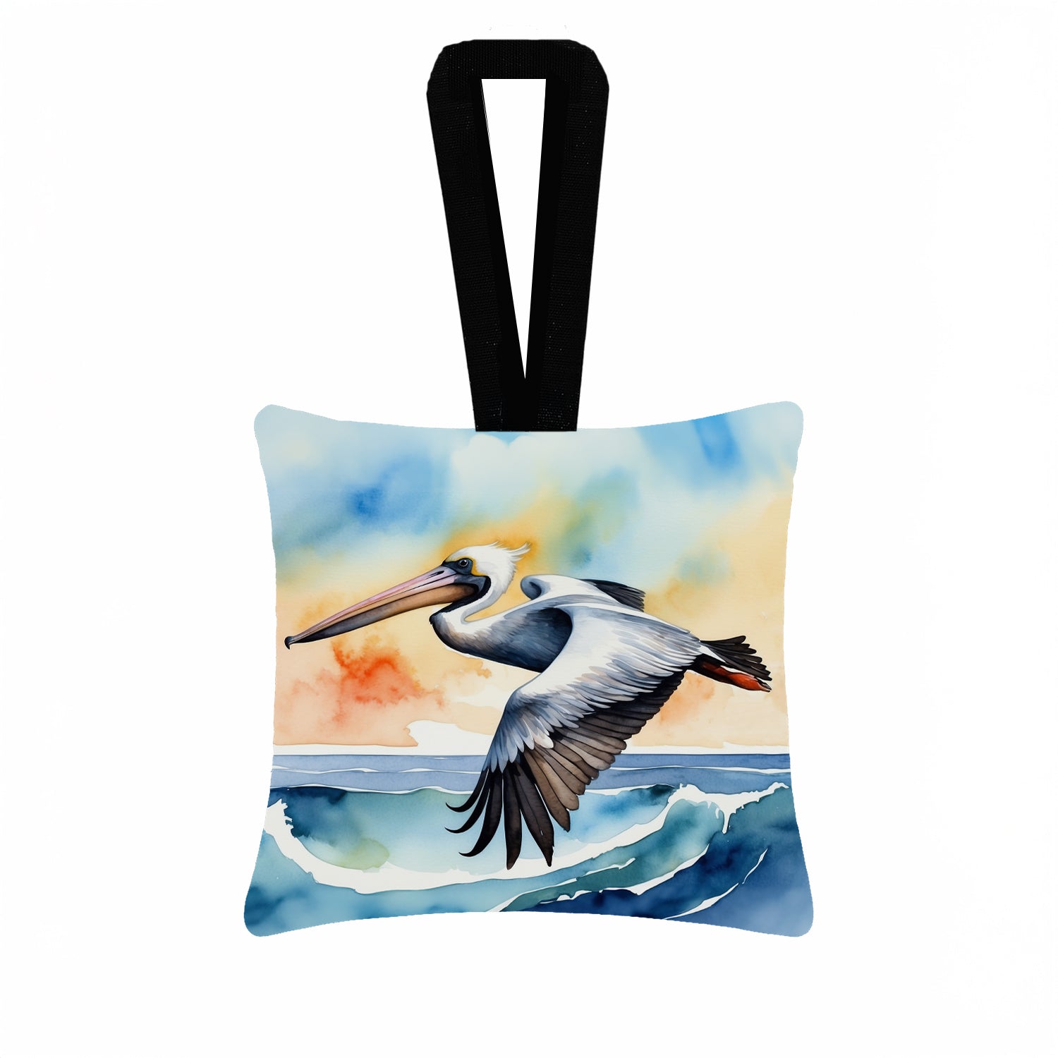 Pelican Over Ocean Wave Watercolor Hanging Square Fabric Ornament 3.5 × 3.5 Decorative Door-Knob & Tree Hanger, Soft Fabric