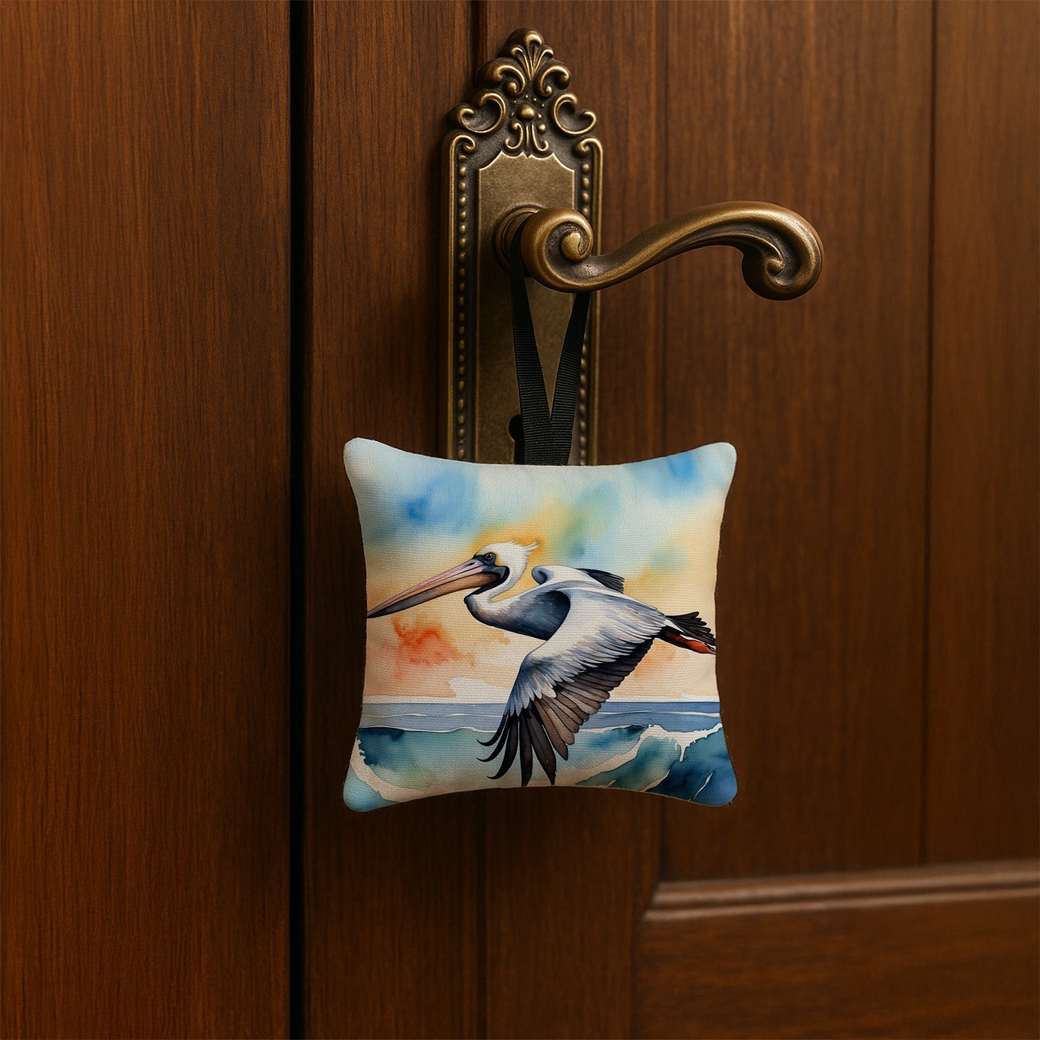 Pelican Over Ocean Wave Watercolor Hanging Square Fabric Ornament 3.5 × 3.5 Decorative Door-Knob & Tree Hanger, Soft Fabric