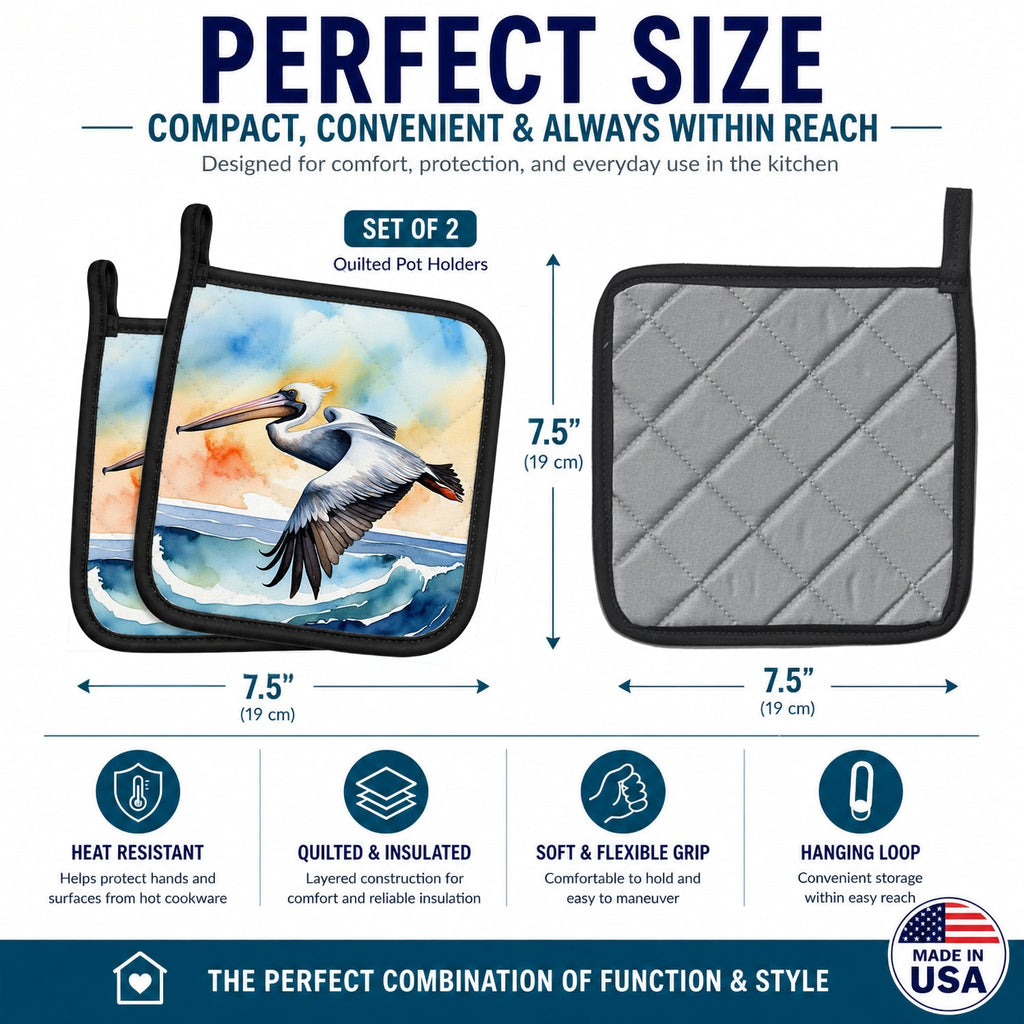 Pelican Over Ocean Wave Watercolor Pot Holder Set of 2 Heat Resistant Quilted Hot Pads 7.5 x 7.5 Inch, Insulated Kitchen Trivets for Cooking & Baking