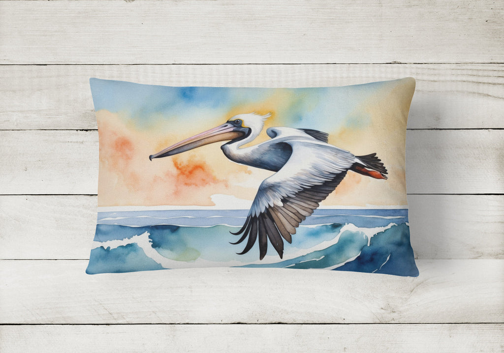 Pelican Over Ocean Wave Watercolor Decorative Throw Pillow 12x16 Indoor Outdoor Accent Cushion, Fabric Cover with Insert for Sofa, Bed, Porch & Living Room