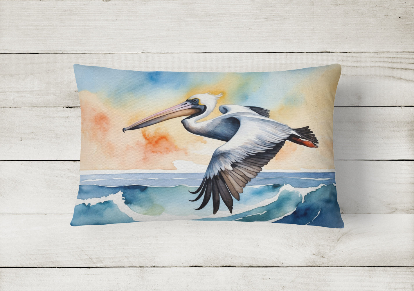 Pelican Over Ocean Wave Watercolor Decorative Throw Pillow 12x16 Indoor Outdoor Accent Cushion, Fabric Cover with Insert for Sofa, Bed, Porch & Living Room