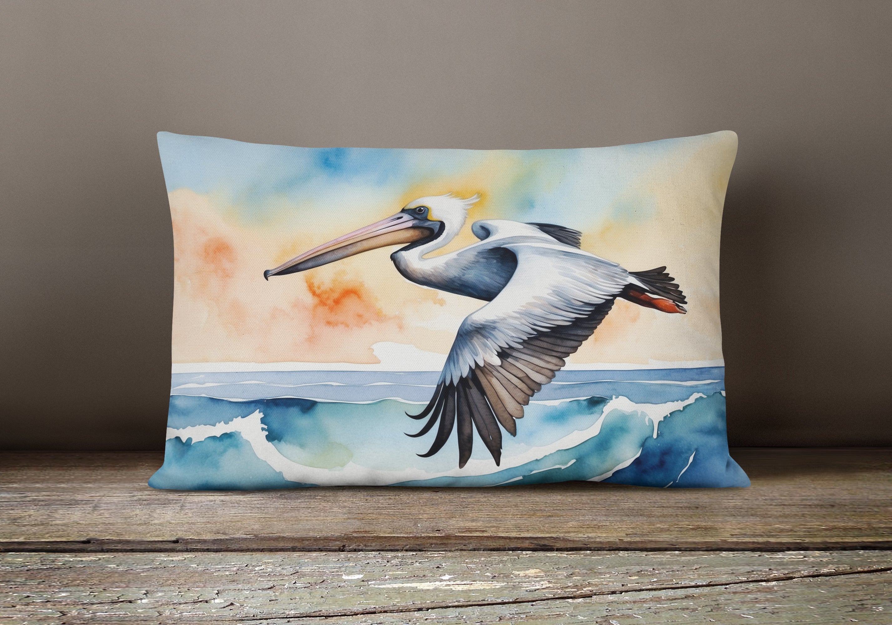 Pelican Over Ocean Wave Watercolor Decorative Throw Pillow 12x16 Indoor Outdoor Accent Cushion, Fabric Cover with Insert for Sofa, Bed, Porch & Living Room