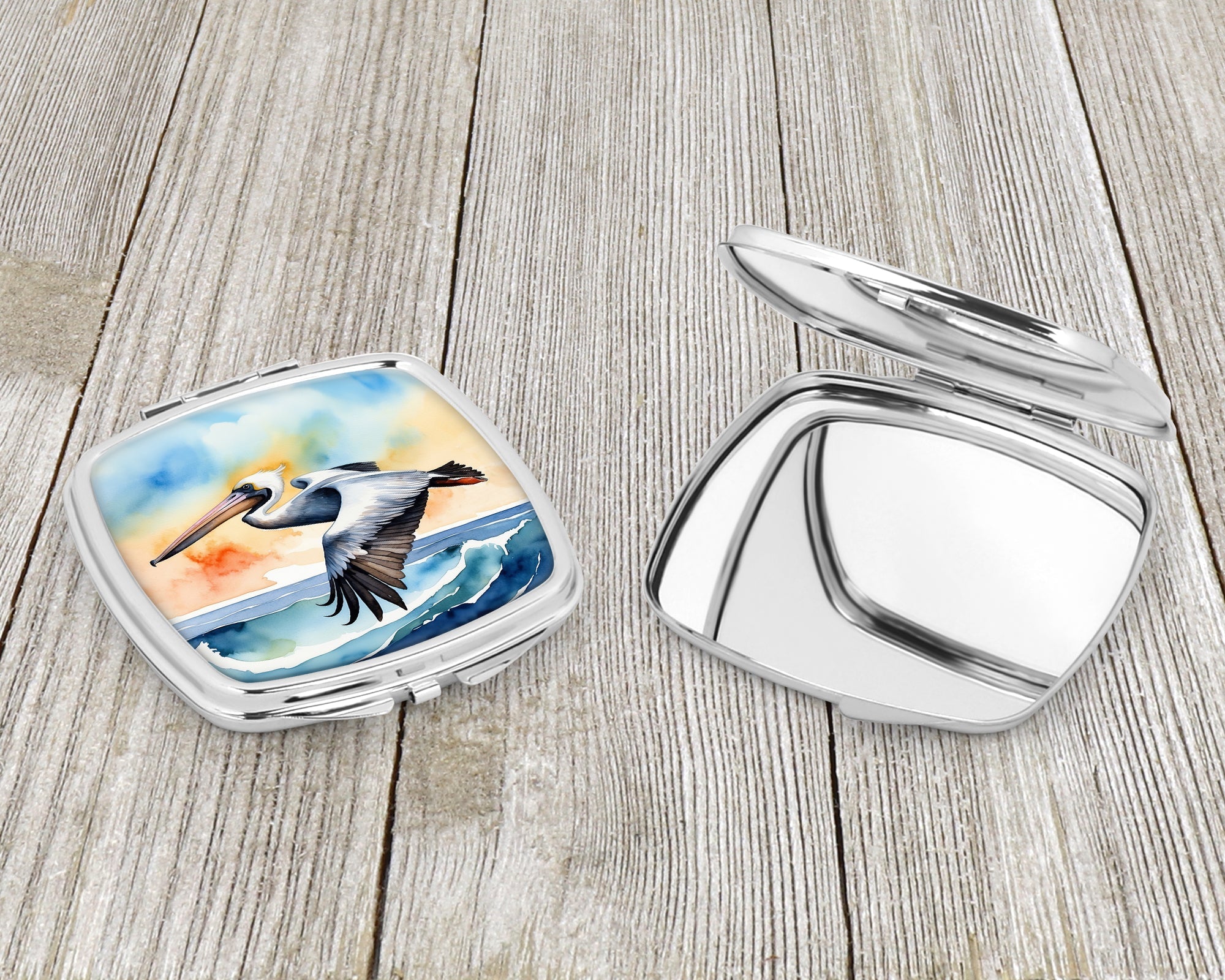 Pelican Over Ocean Wave Watercolor Compact Mirror Decorative Travel Makeup Mirror for Women Girls Gifts Pocket Makeup Mirror Folding Handheld