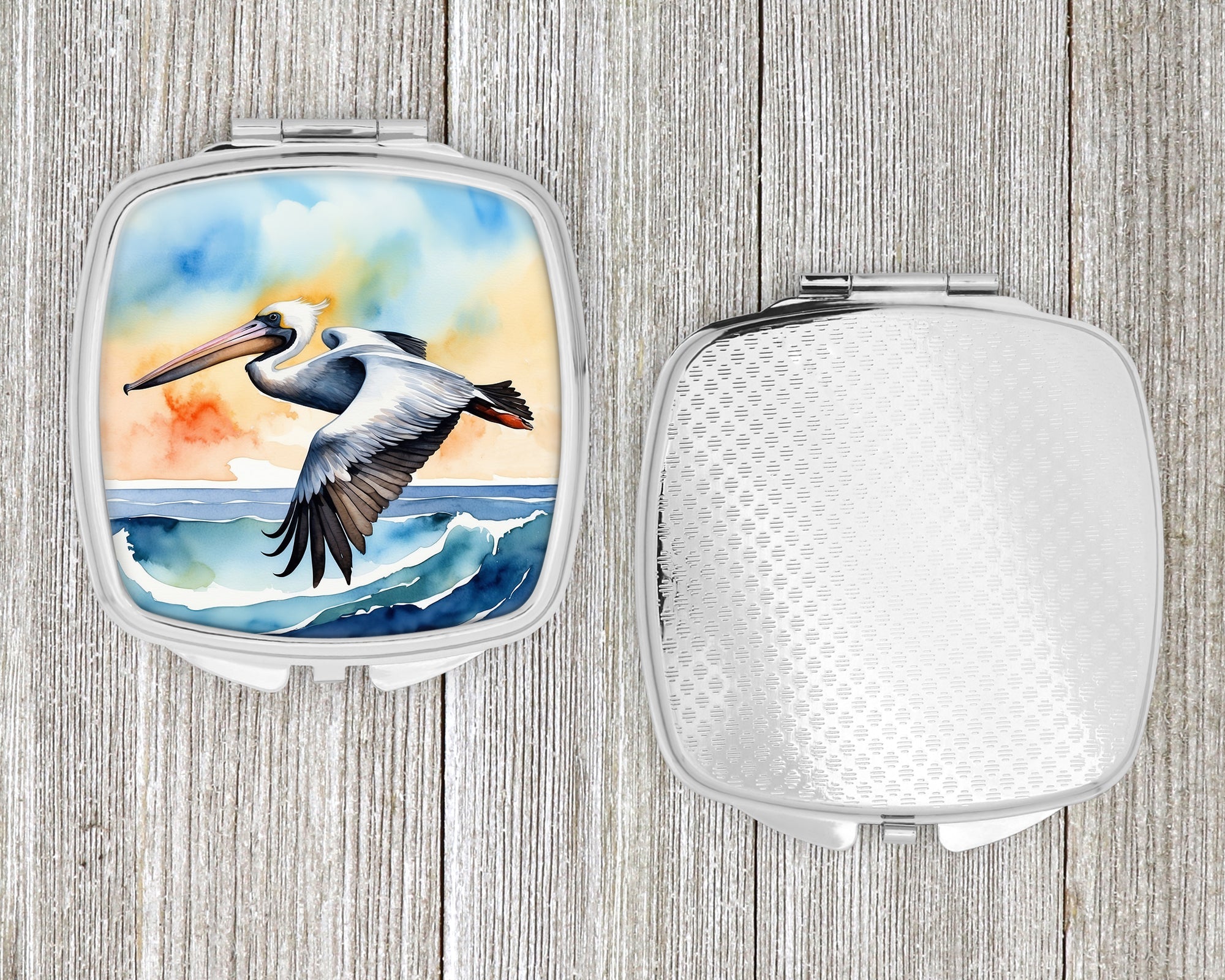 Pelican Over Ocean Wave Watercolor Compact Mirror Decorative Travel Makeup Mirror for Women Girls Gifts Pocket Makeup Mirror Folding Handheld