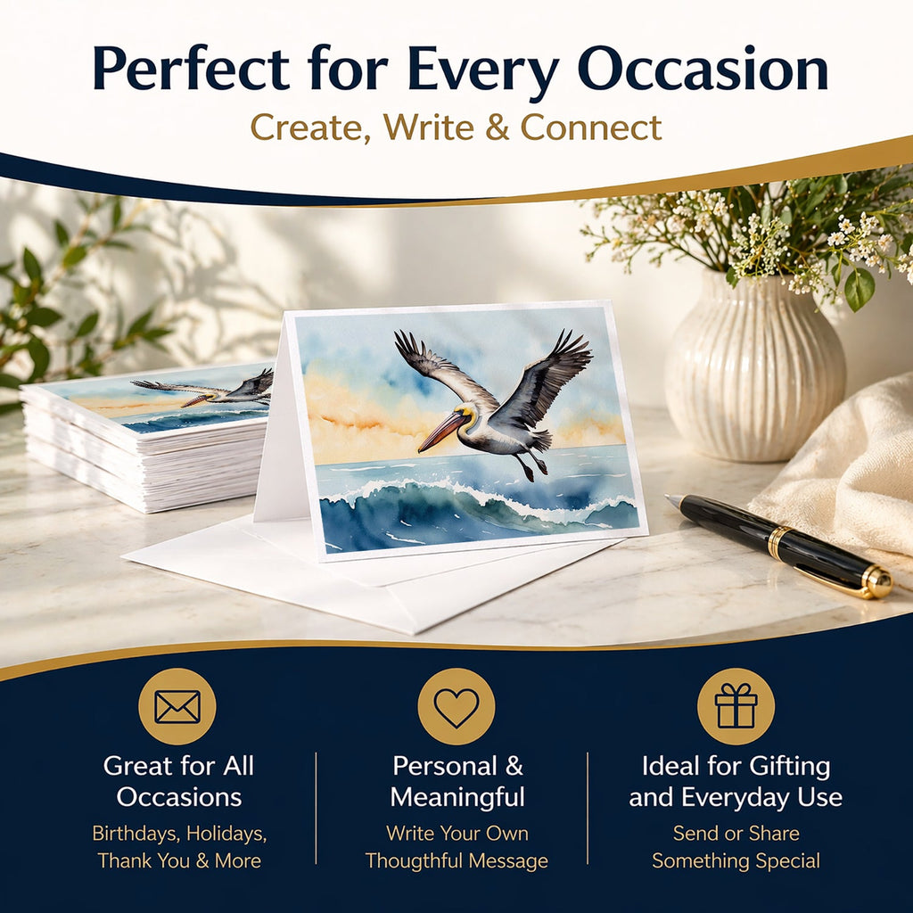 Pelican Coastal Flight Watercolor Greeting Cards Pack of 8 Blank Cards with Envelopes Whimsical A7 Size 5x7