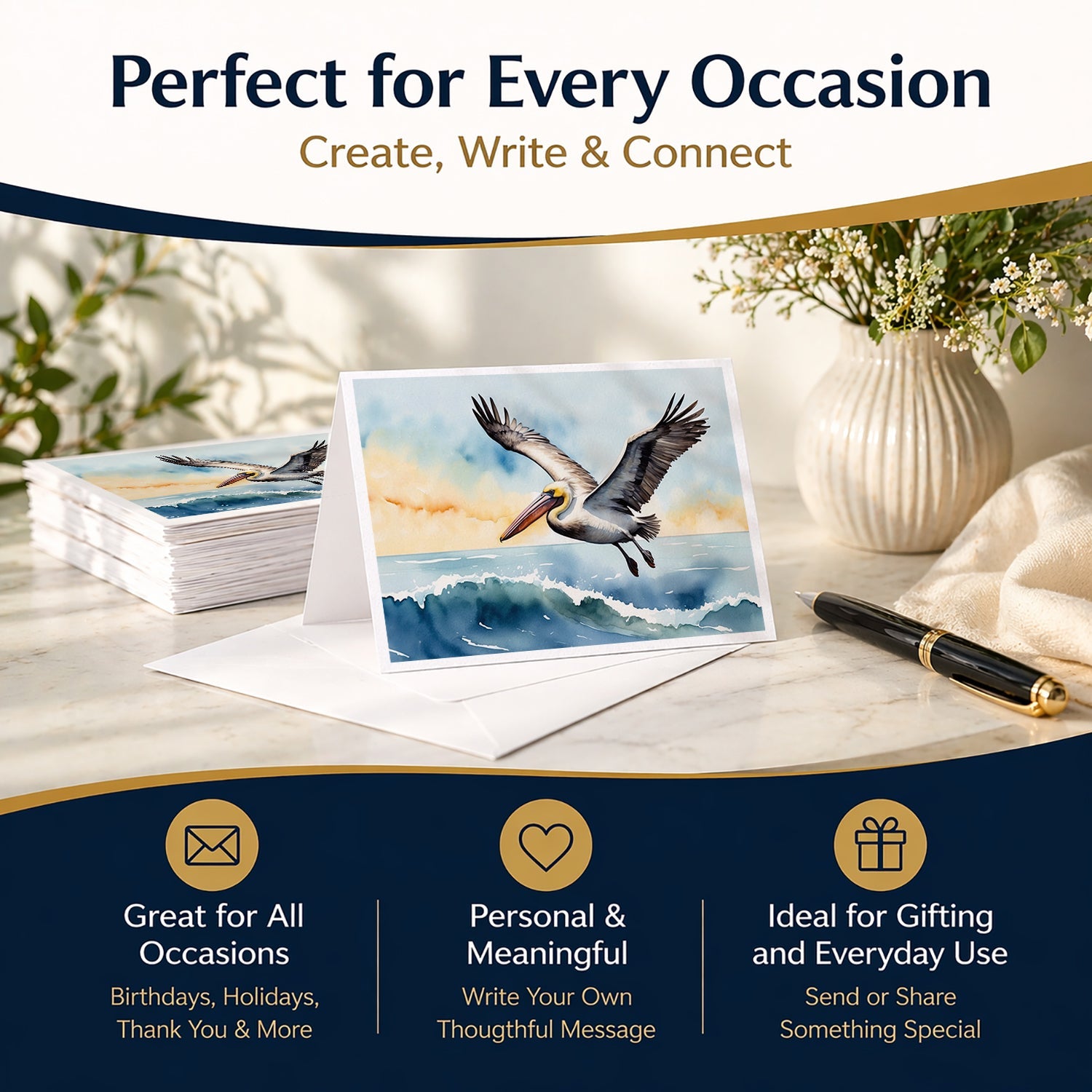 Pelican Coastal Flight Watercolor Greeting Cards Pack of 8 Blank Cards with Envelopes Whimsical A7 Size 5x7