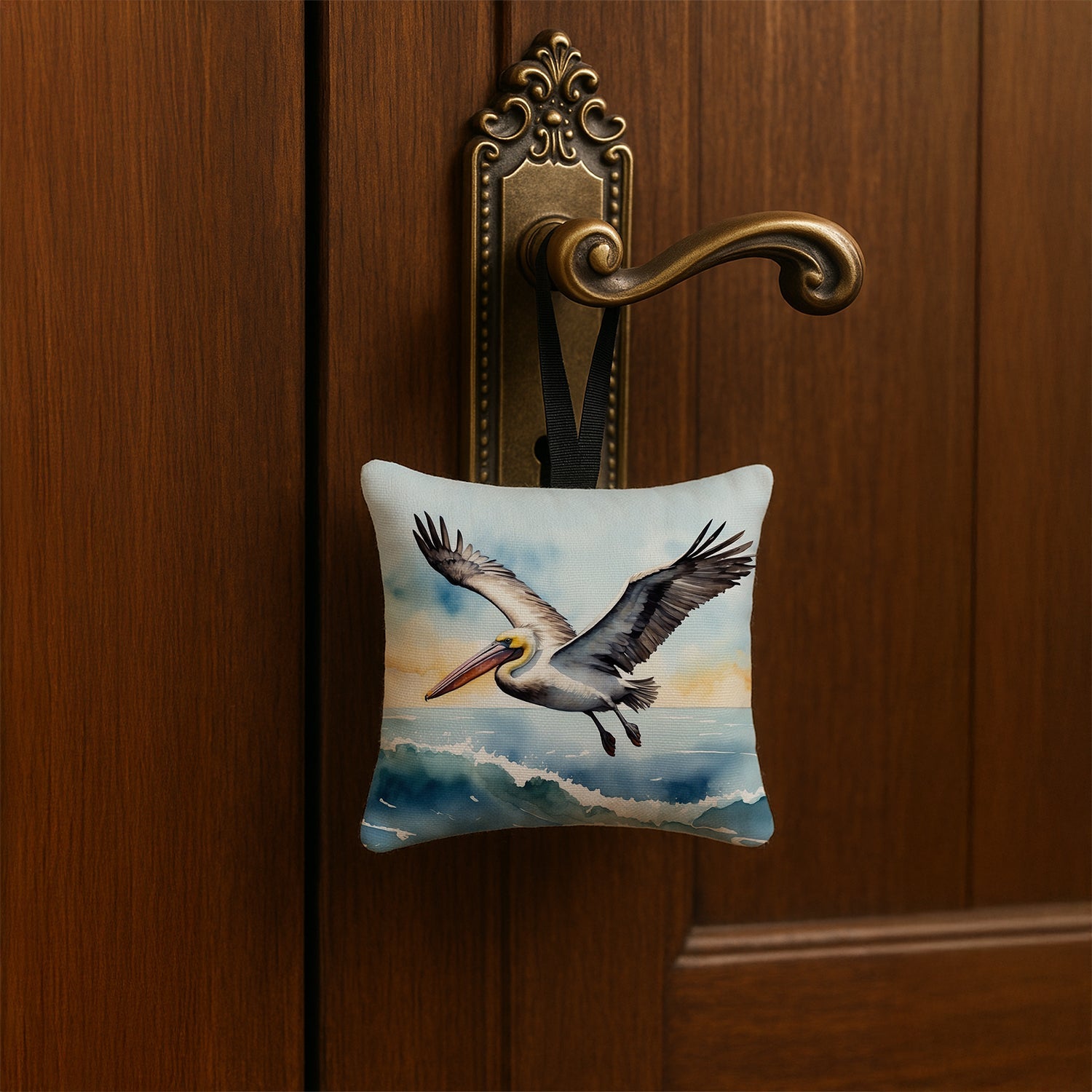 Pelican Coastal Flight Watercolor Hanging Square Fabric Ornament 3.5 × 3.5 Decorative Door-Knob & Tree Hanger, Soft Fabric