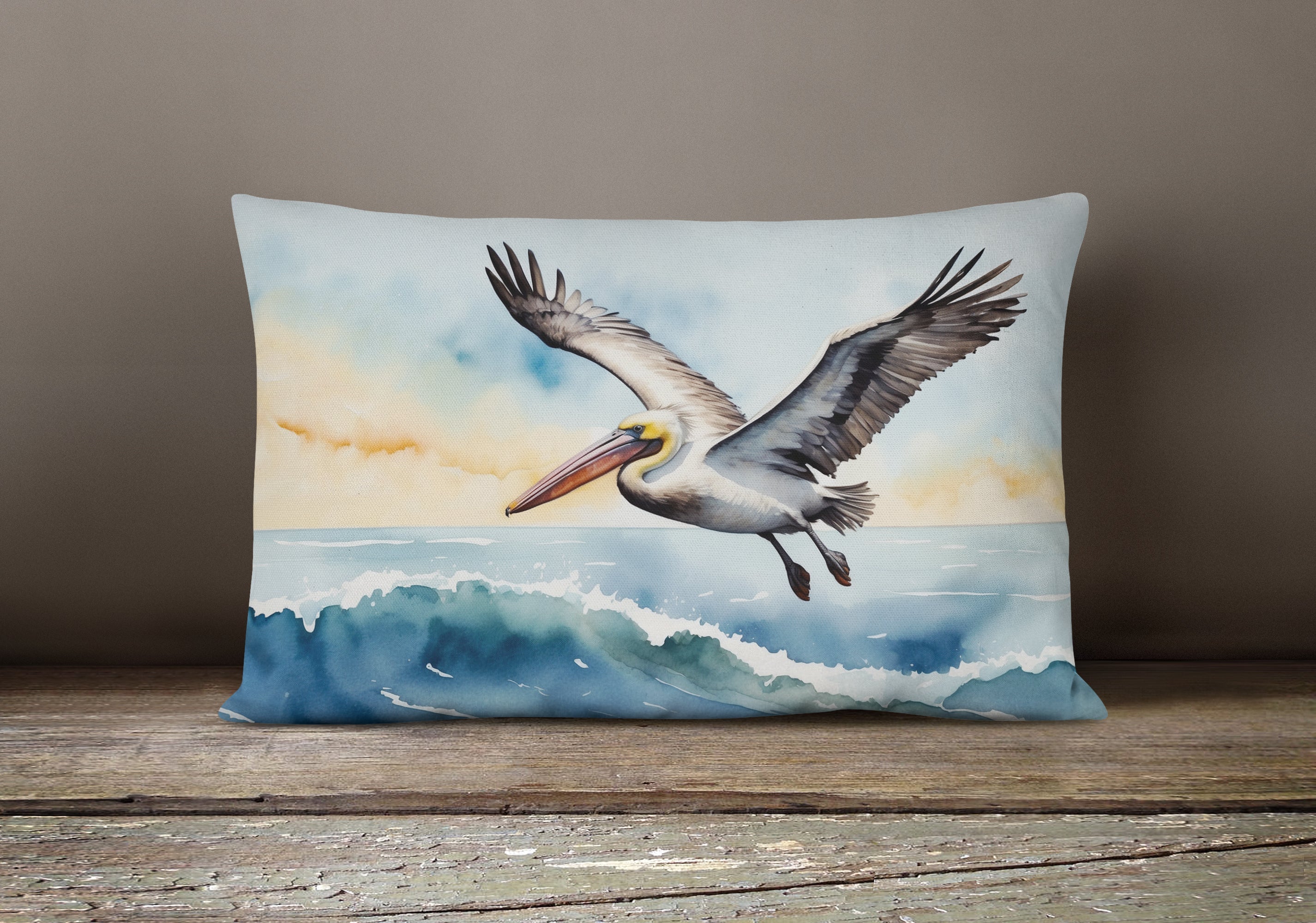 Pelican Coastal Flight Watercolor Decorative Throw Pillow 12x16 Indoor Outdoor Accent Cushion, Fabric Cover with Insert for Sofa, Bed, Porch & Living Room