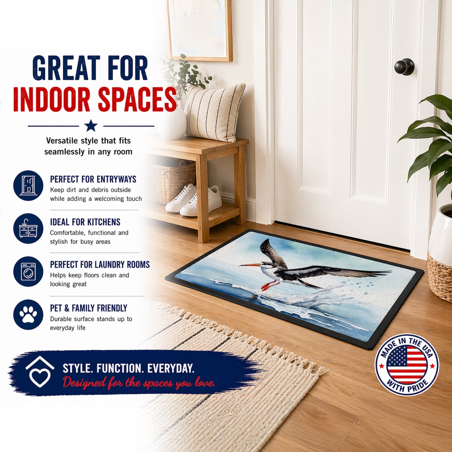 Black Skimmer Doormat Indoor Outdoor 24H X 36W Front Door Mat Rugs for Entryway, Non Slip Washable Low Pile,