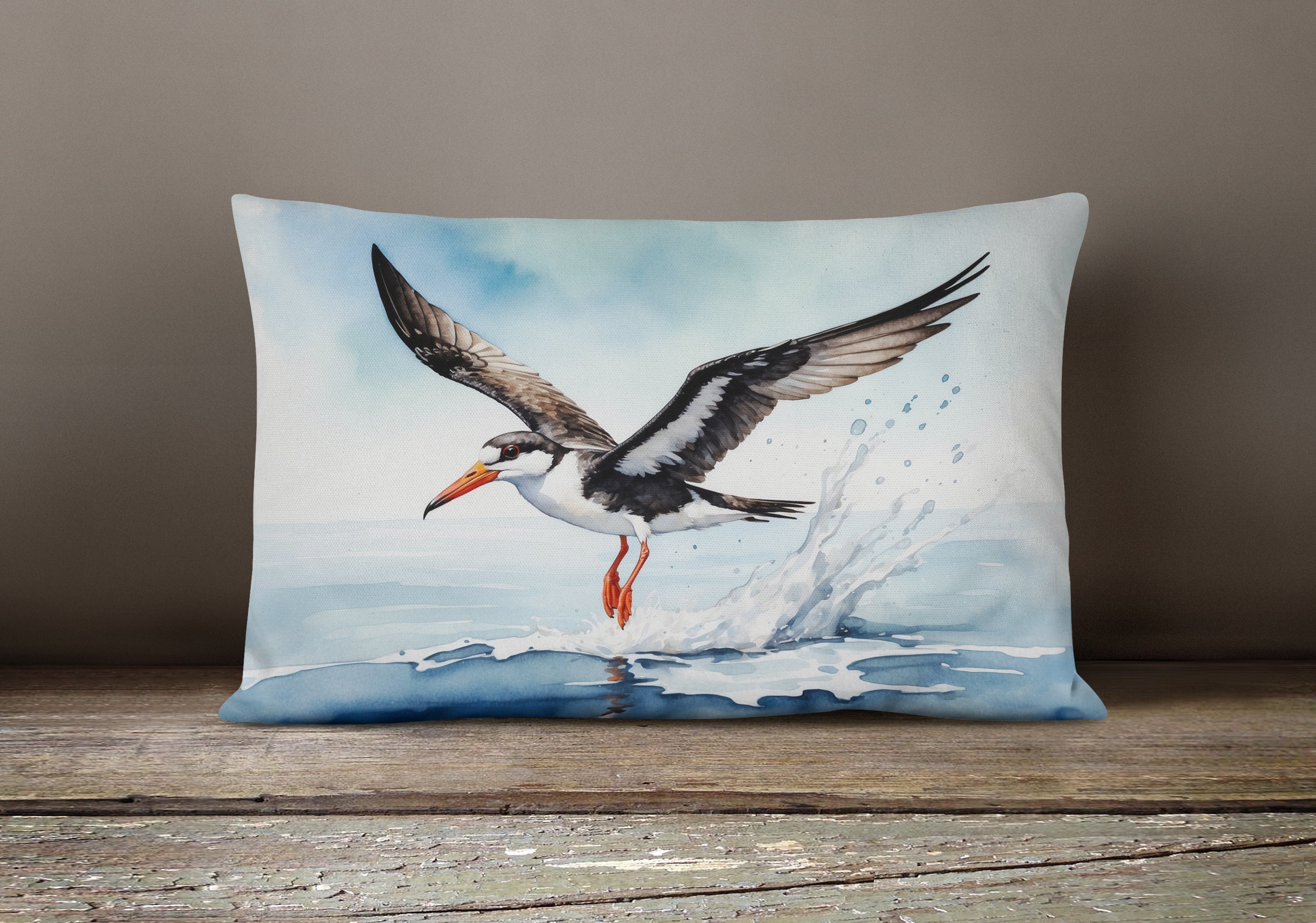 Black Skimmer Decorative Throw Pillow 12x16 Indoor Outdoor Accent Cushion, Fabric Cover with Insert for Sofa, Bed, Porch & Living Room