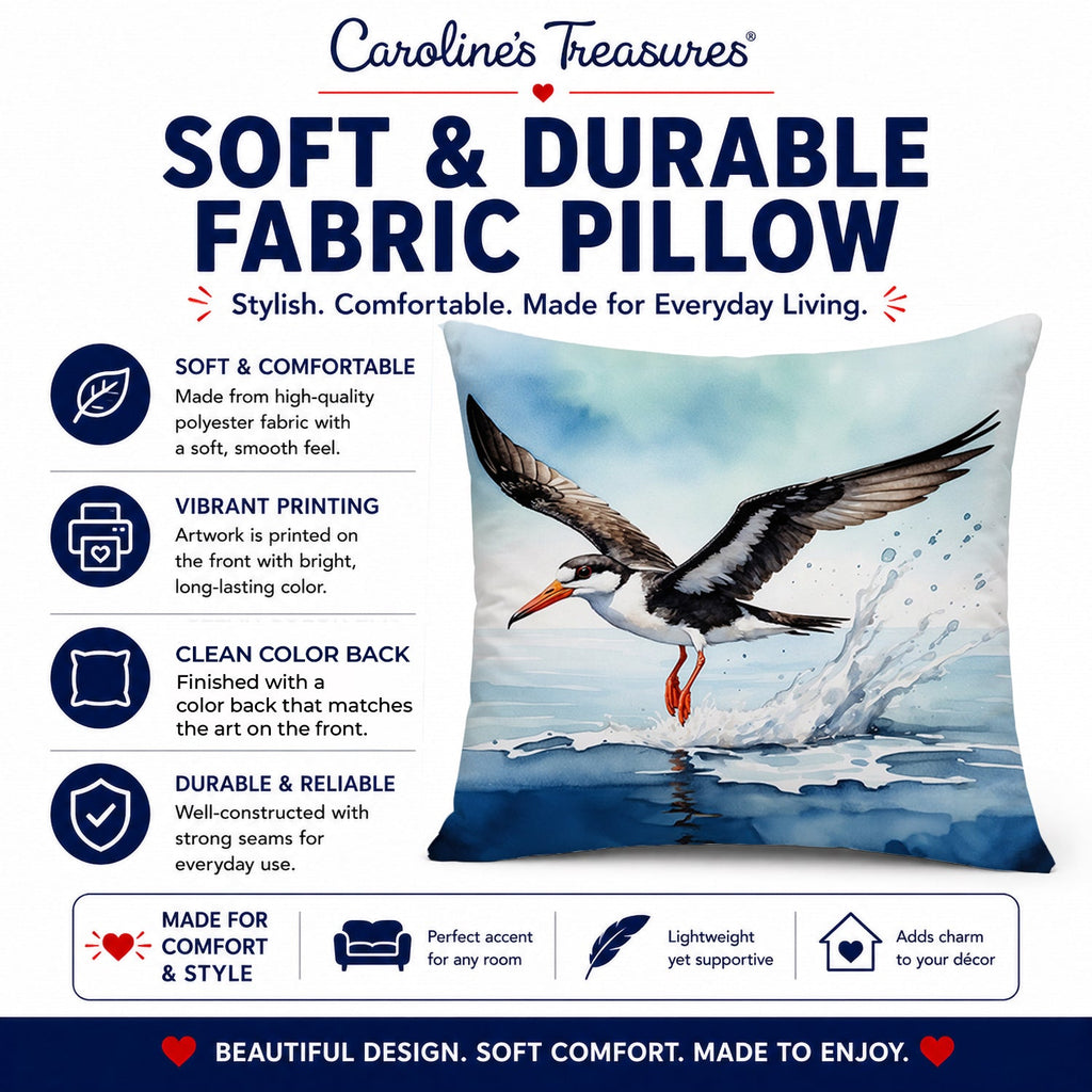 Black Skimmer Decorative Throw Pillow 14x14 Indoor Outdoor Accent Cushion, Fabric Cover with Insert for Sofa, Bed, Porch & Living Room