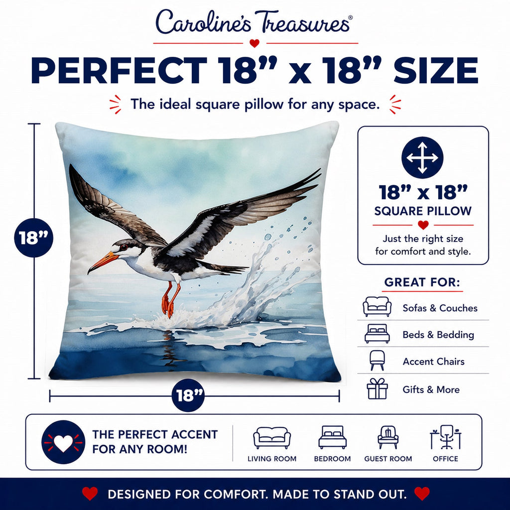 Black Skimmer Decorative Throw Pillow 18x18 Indoor Outdoor Accent Cushion, Fabric Cover with Insert for Sofa, Bed, Porch & Living Room