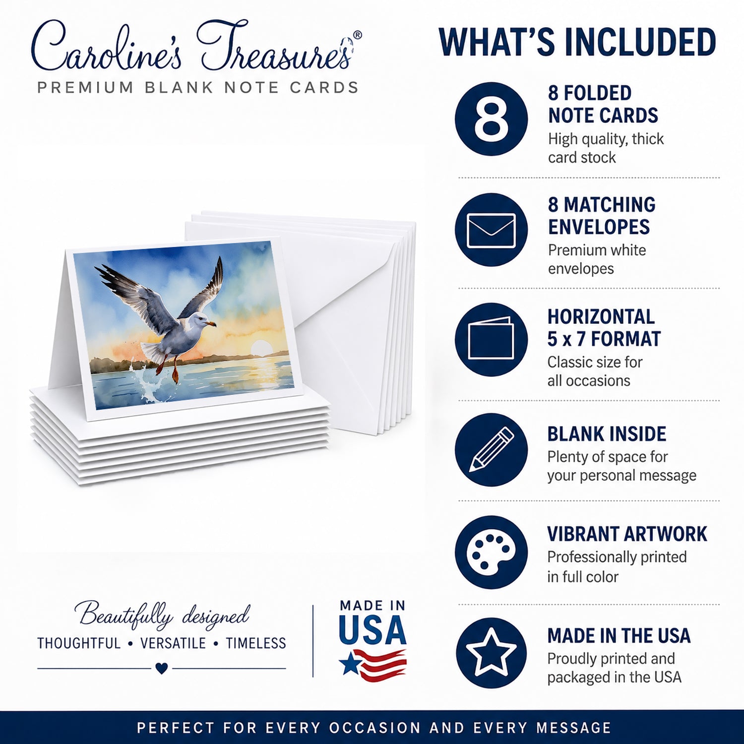 Seagull Flying Over Ocean Sunset Watercolor Greeting Cards Pack of 8 Blank Cards with Envelopes Whimsical A7 Size 5x7