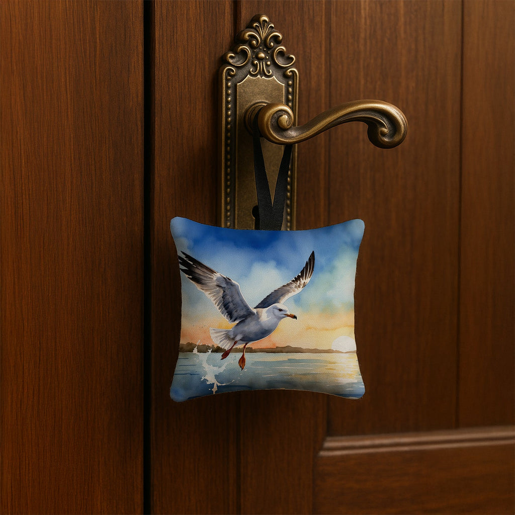 Seagull Flying Over Ocean Sunset Watercolor Hanging Square Fabric Ornament 3.5 × 3.5 Decorative Door-Knob & Tree Hanger, Soft Fabric