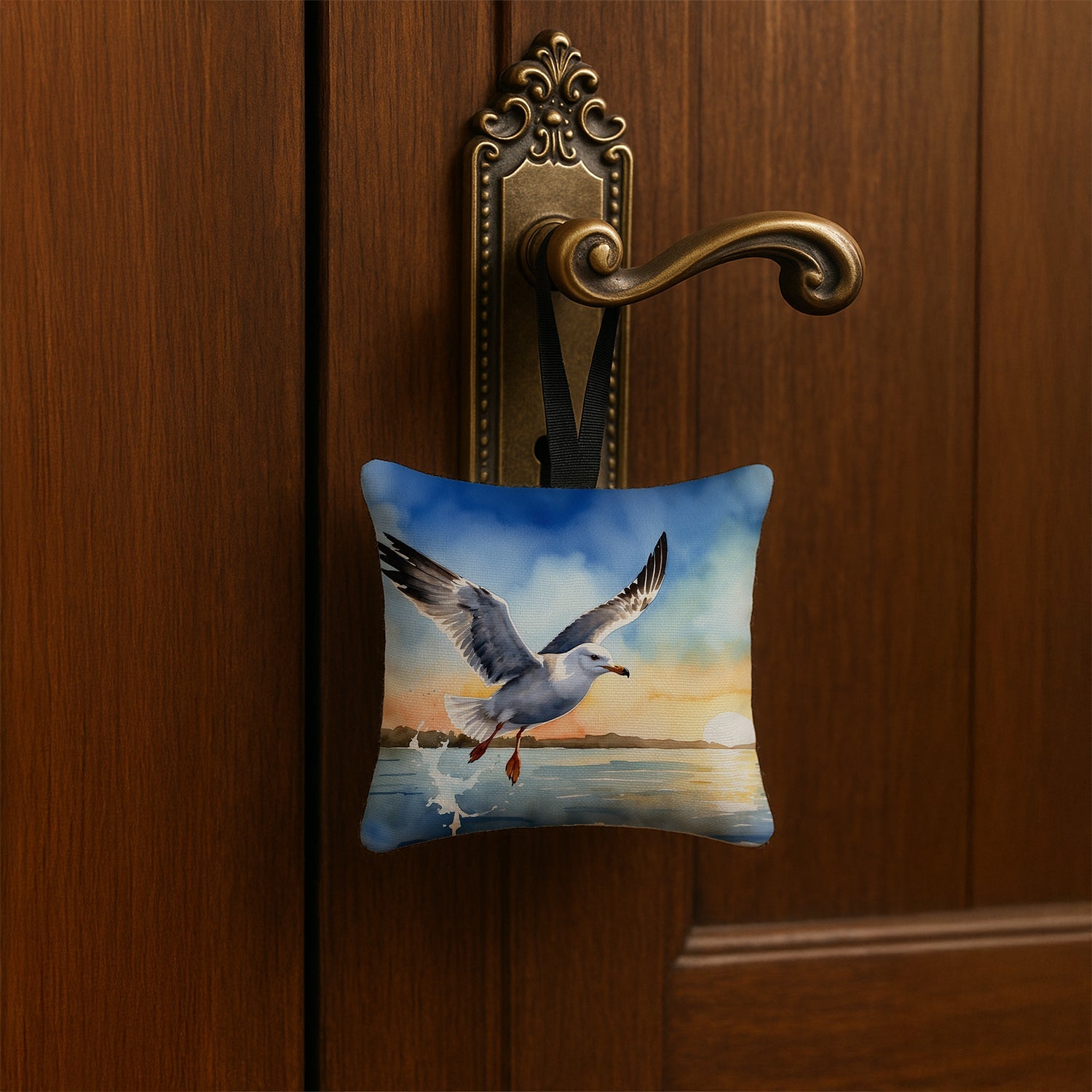 Seagull Flying Over Ocean Sunset Watercolor Hanging Square Fabric Ornament 3.5 × 3.5 Decorative Door-Knob & Tree Hanger, Soft Fabric