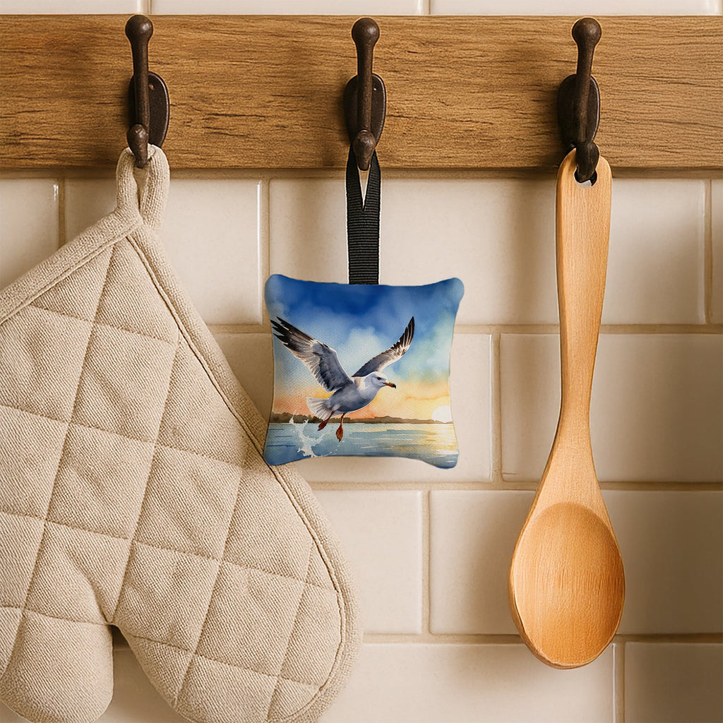 Seagull Flying Over Ocean Sunset Watercolor Hanging Square Fabric Ornament 3.5 × 3.5 Decorative Door-Knob & Tree Hanger, Soft Fabric