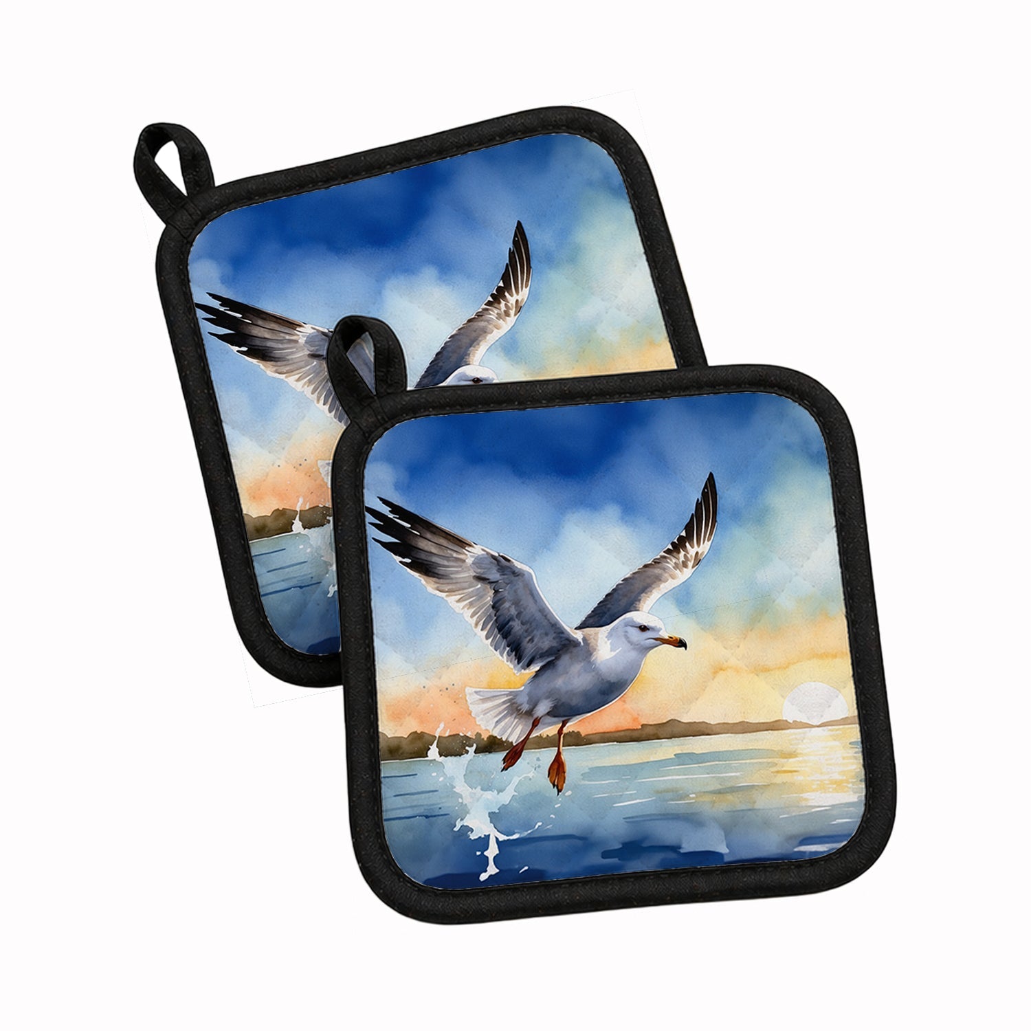 Seagull Flying Over Ocean Sunset Watercolor Pot Holder Set of 2 Heat Resistant Quilted Hot Pads 7.5 x 7.5 Inch, Insulated Kitchen Trivets for Cooking & Baking