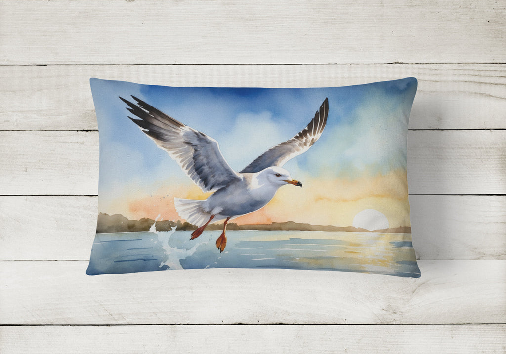 Seagull Flying Over Ocean Sunset Watercolor Decorative Throw Pillow 12x16 Indoor Outdoor Accent Cushion, Fabric Cover with Insert for Sofa, Bed, Porch & Living Room