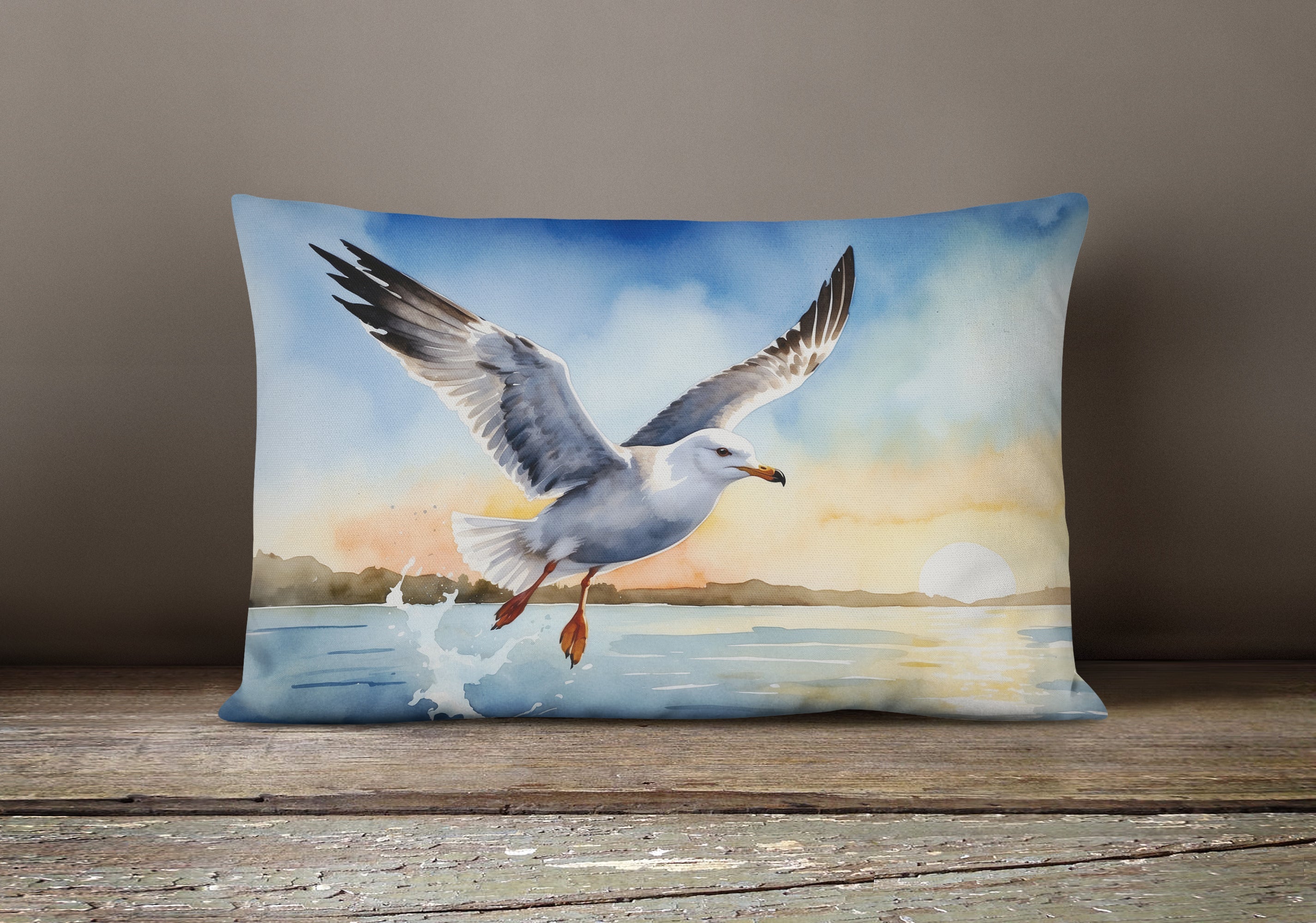 Seagull Flying Over Ocean Sunset Watercolor Decorative Throw Pillow 12x16 Indoor Outdoor Accent Cushion, Fabric Cover with Insert for Sofa, Bed, Porch & Living Room