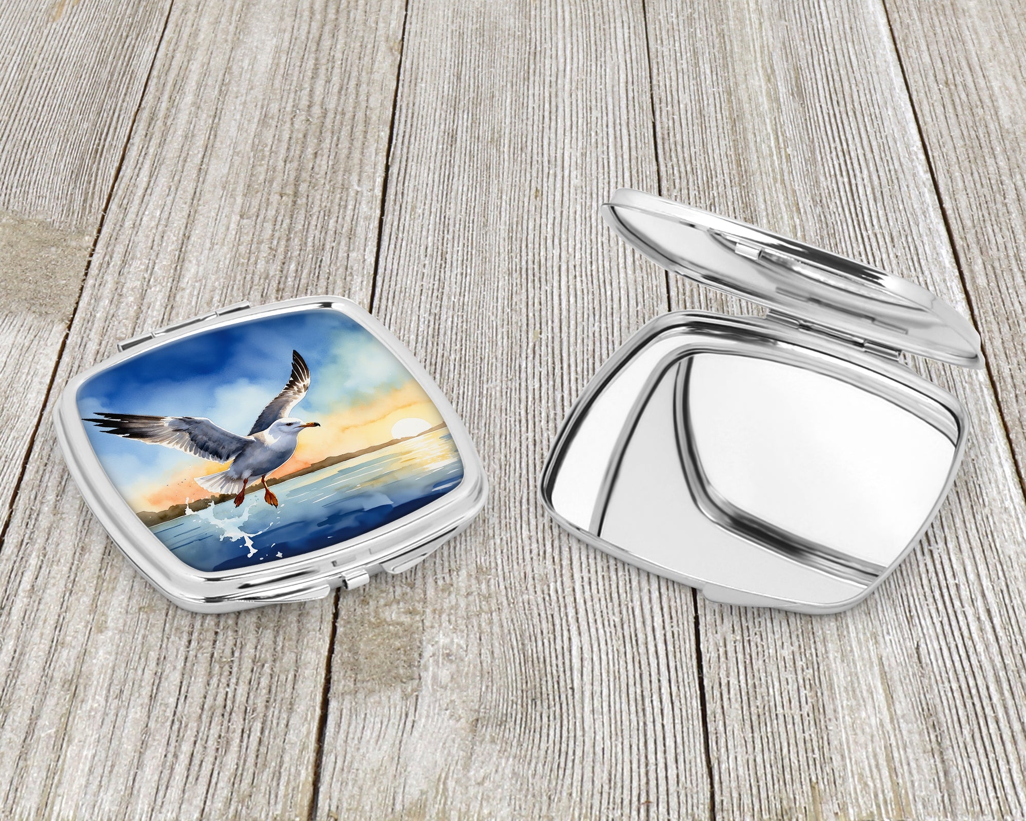 Seagull Flying Over Ocean Sunset Watercolor Compact Mirror Decorative Travel Makeup Mirror for Women Girls Gifts Pocket Makeup Mirror Folding Handheld