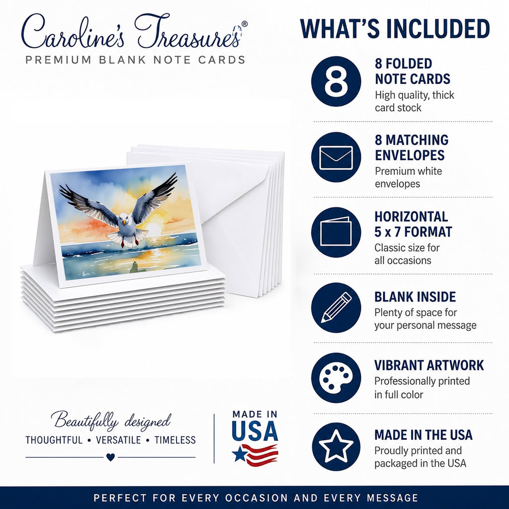 Seagull Flying Toward Viewer Sunset Watercolor Greeting Cards Pack of 8 Blank Cards with Envelopes Whimsical A7 Size 5x7