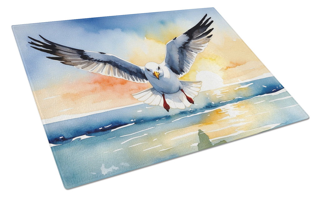 Seagull Flying Toward Viewer Sunset Watercolor Cutting Board Tempered Glass Kitchen Cutting Surface, Heat Resistant Chopping, Non-Slip Feet, Food Prep & Serving