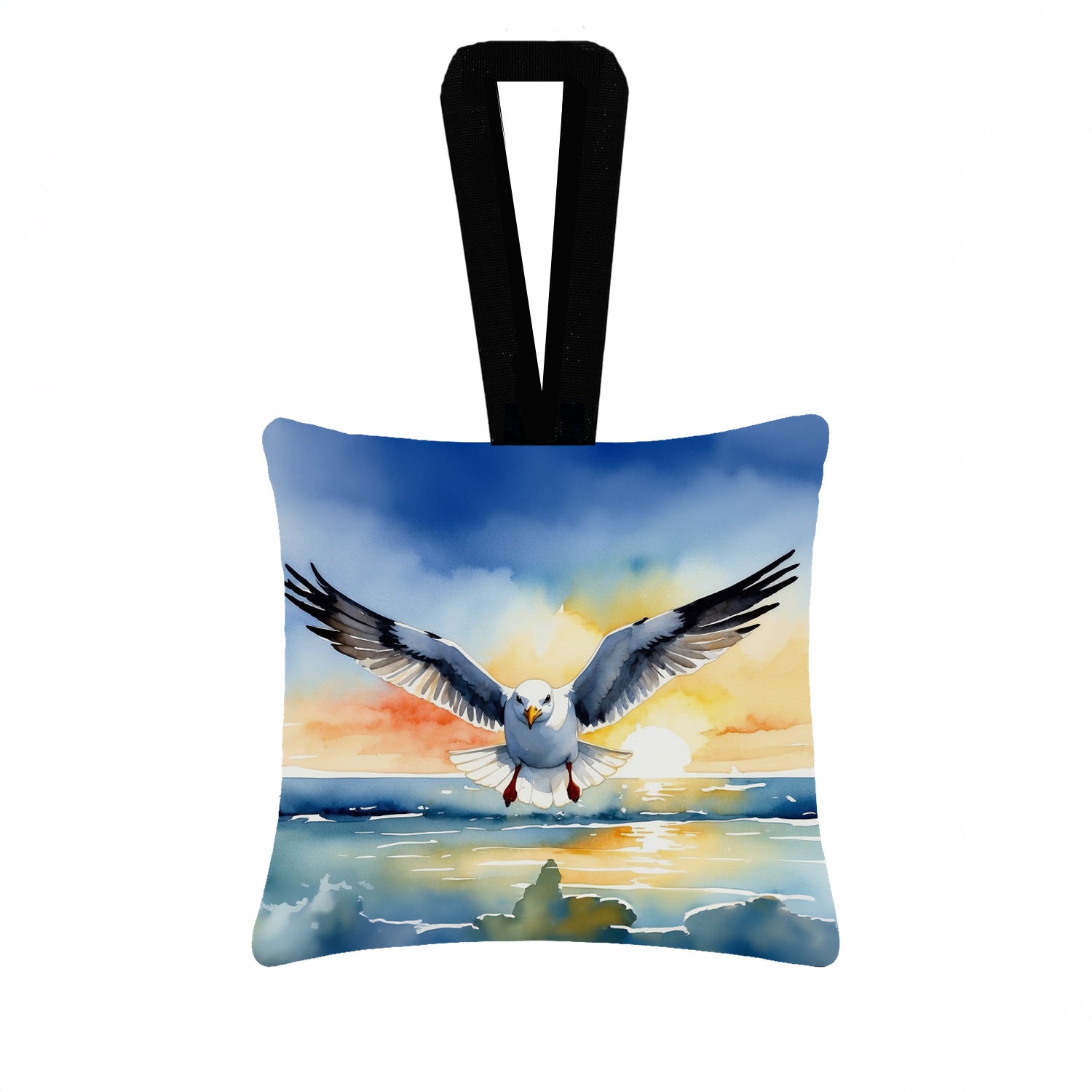 Seagull Flying Toward Viewer Sunset Watercolor Hanging Square Fabric Ornament 3.5 × 3.5 Decorative Door-Knob & Tree Hanger, Soft Fabric