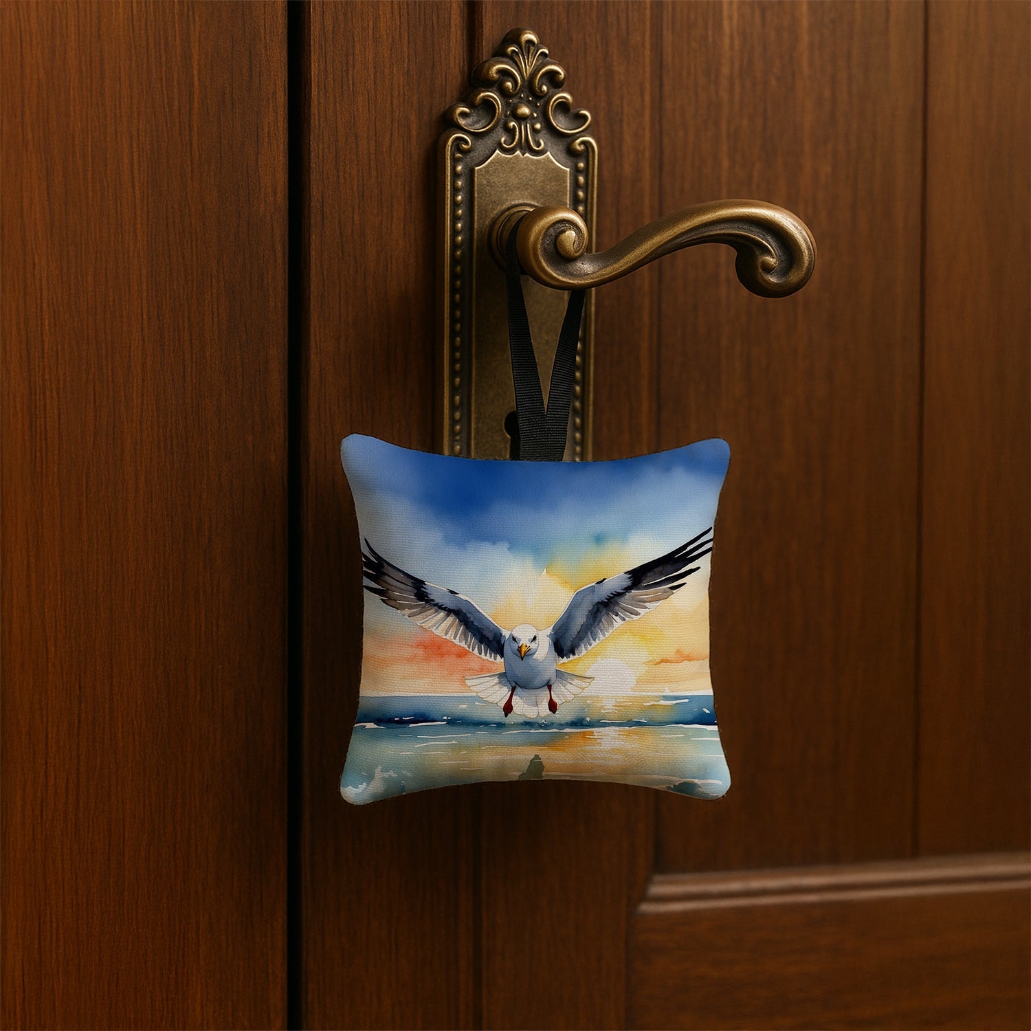 Seagull Flying Toward Viewer Sunset Watercolor Hanging Square Fabric Ornament 3.5 × 3.5 Decorative Door-Knob & Tree Hanger, Soft Fabric